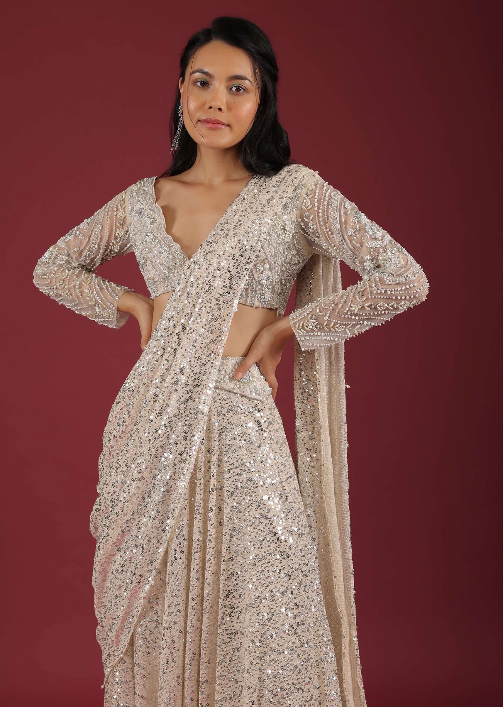 Sandshell Cream Palazzo Saree In Sequins Embroidery - Image 3