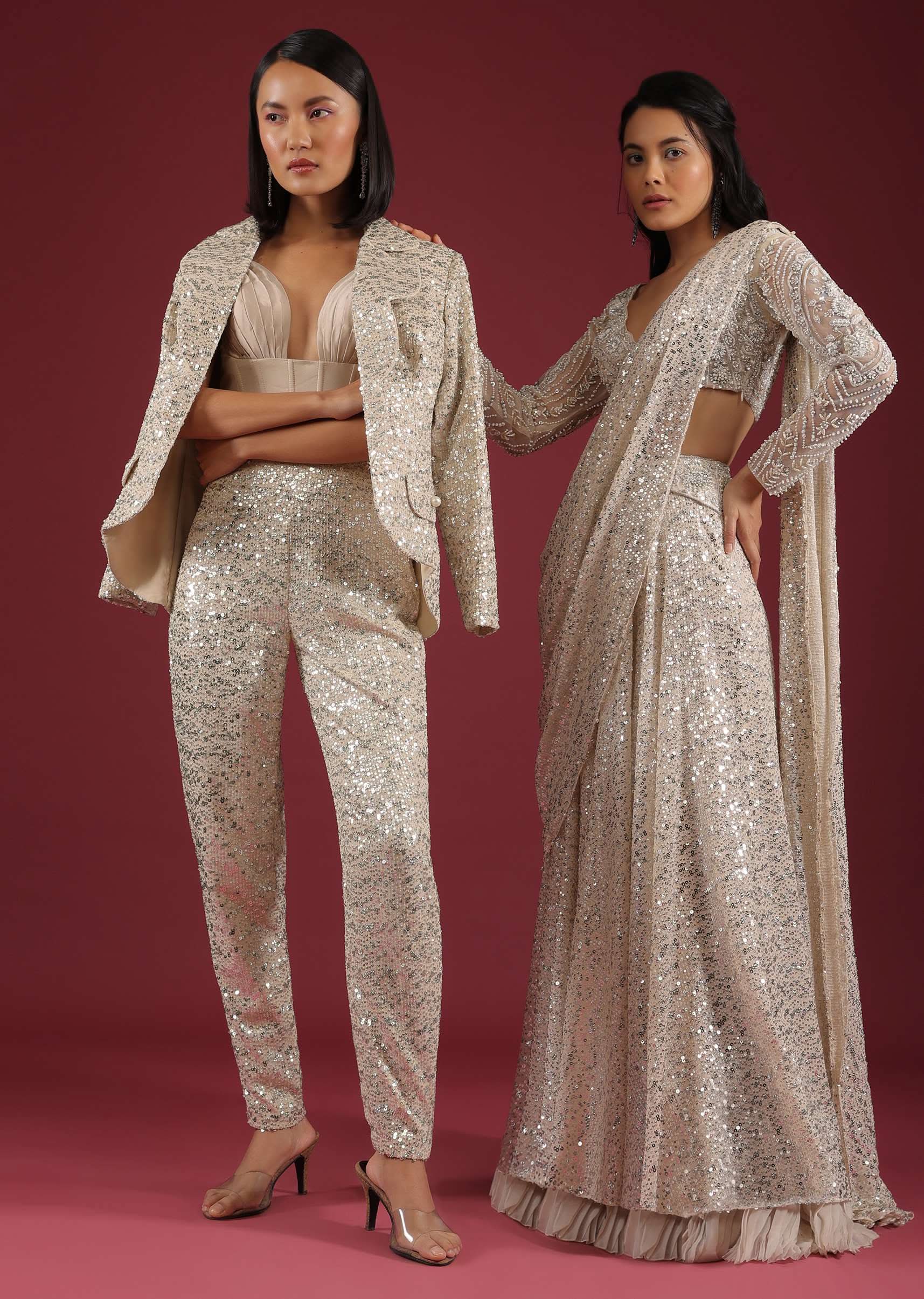 Sandshell Cream Palazzo Saree In Sequins Embroidery - Image 7