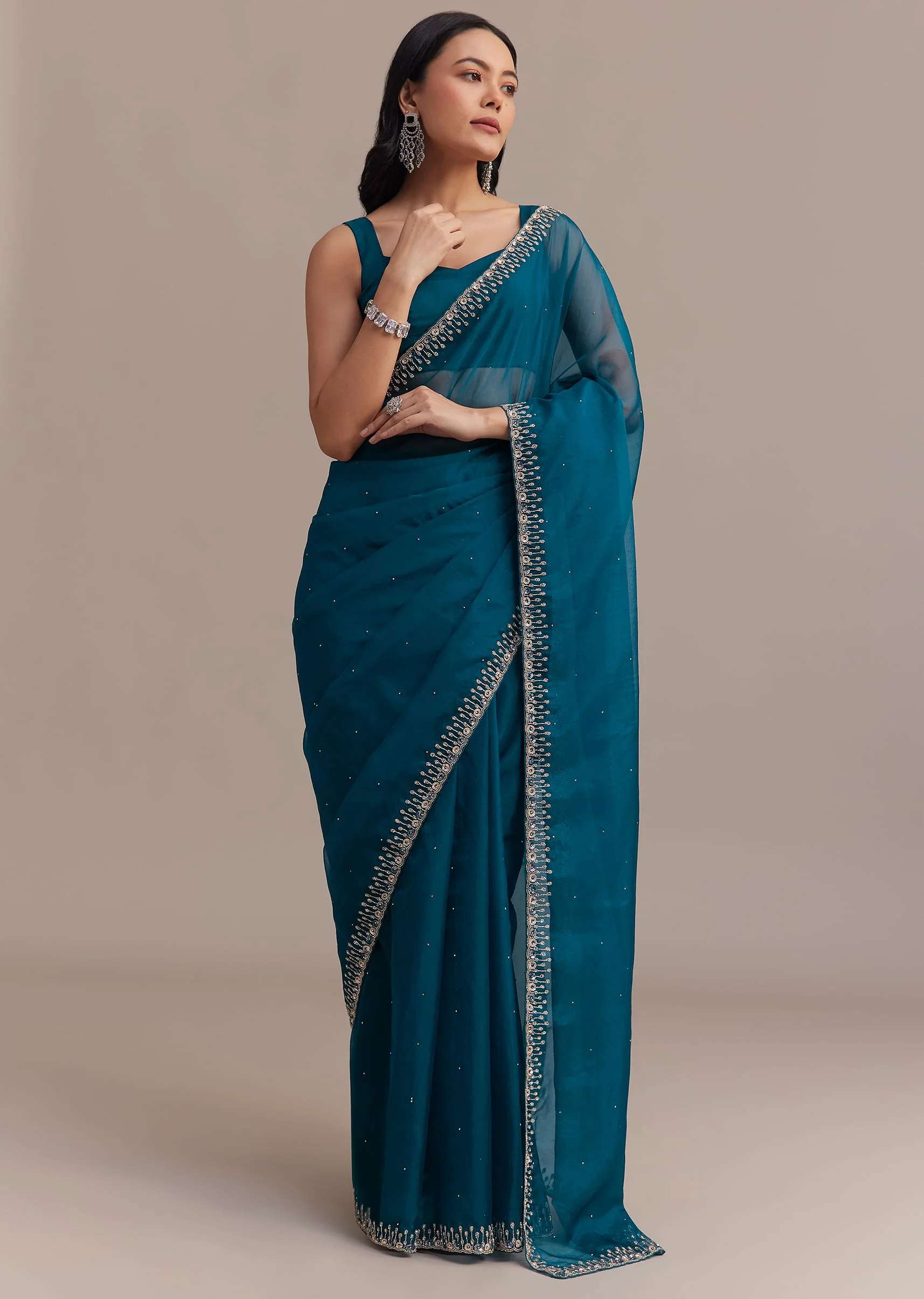 Sapphire Blue Organza Saree With Sequins And Cutdana Embellished Border