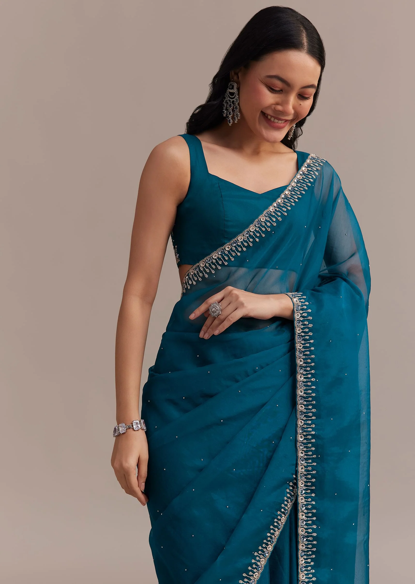 Sapphire Blue Organza Saree With Sequins And Cutdana Embellished Border - Image 2