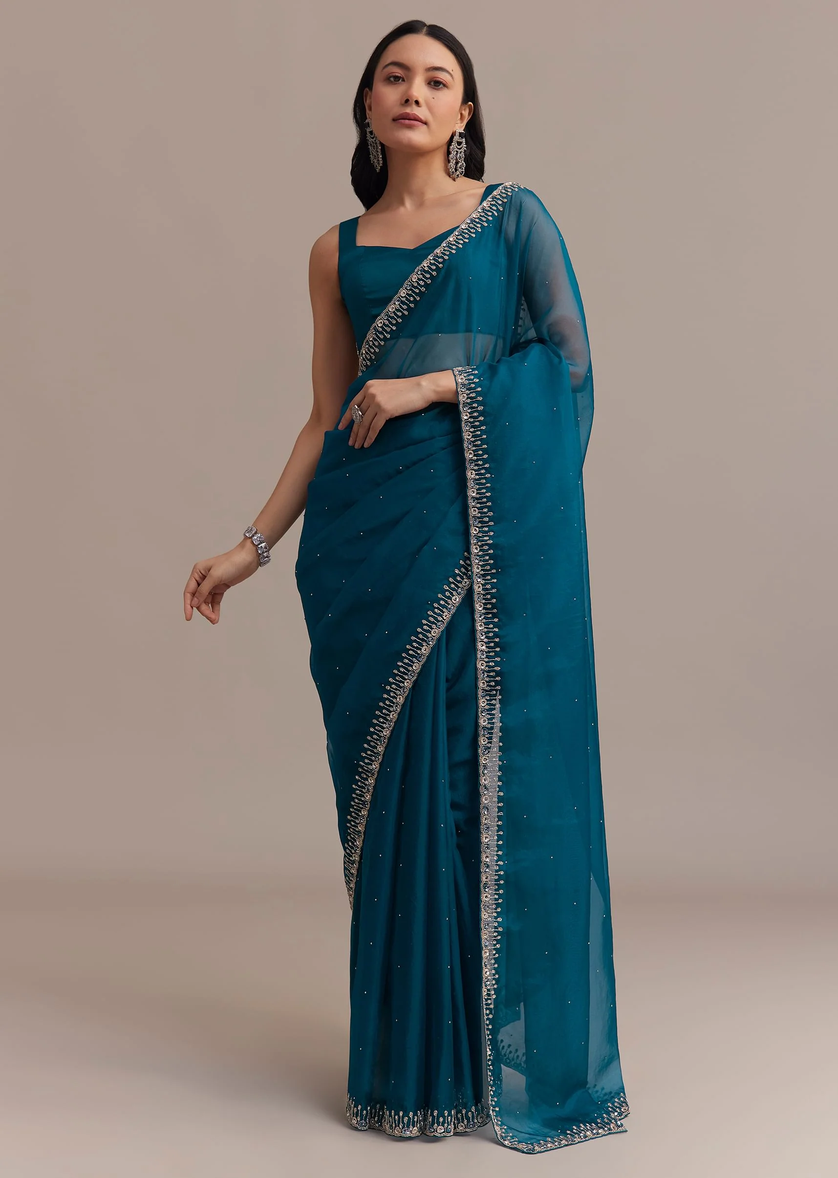 Sapphire Blue Organza Saree With Sequins And Cutdana Embellished Border - Image 3
