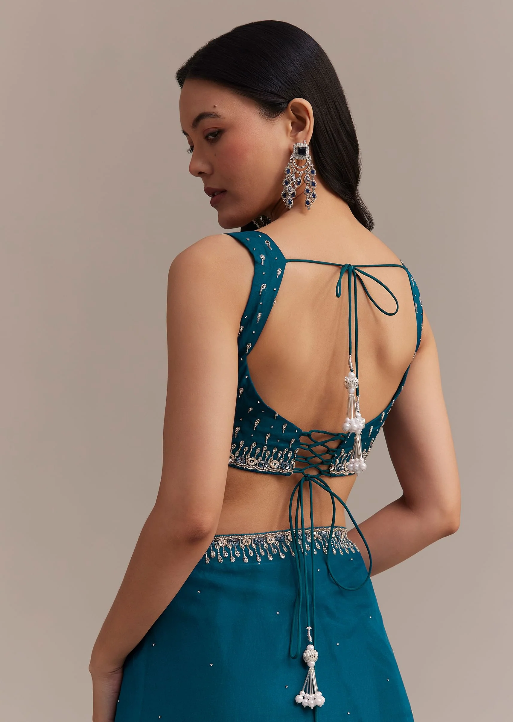 Sapphire Blue Organza Saree With Sequins And Cutdana Embellished Border - Image 8