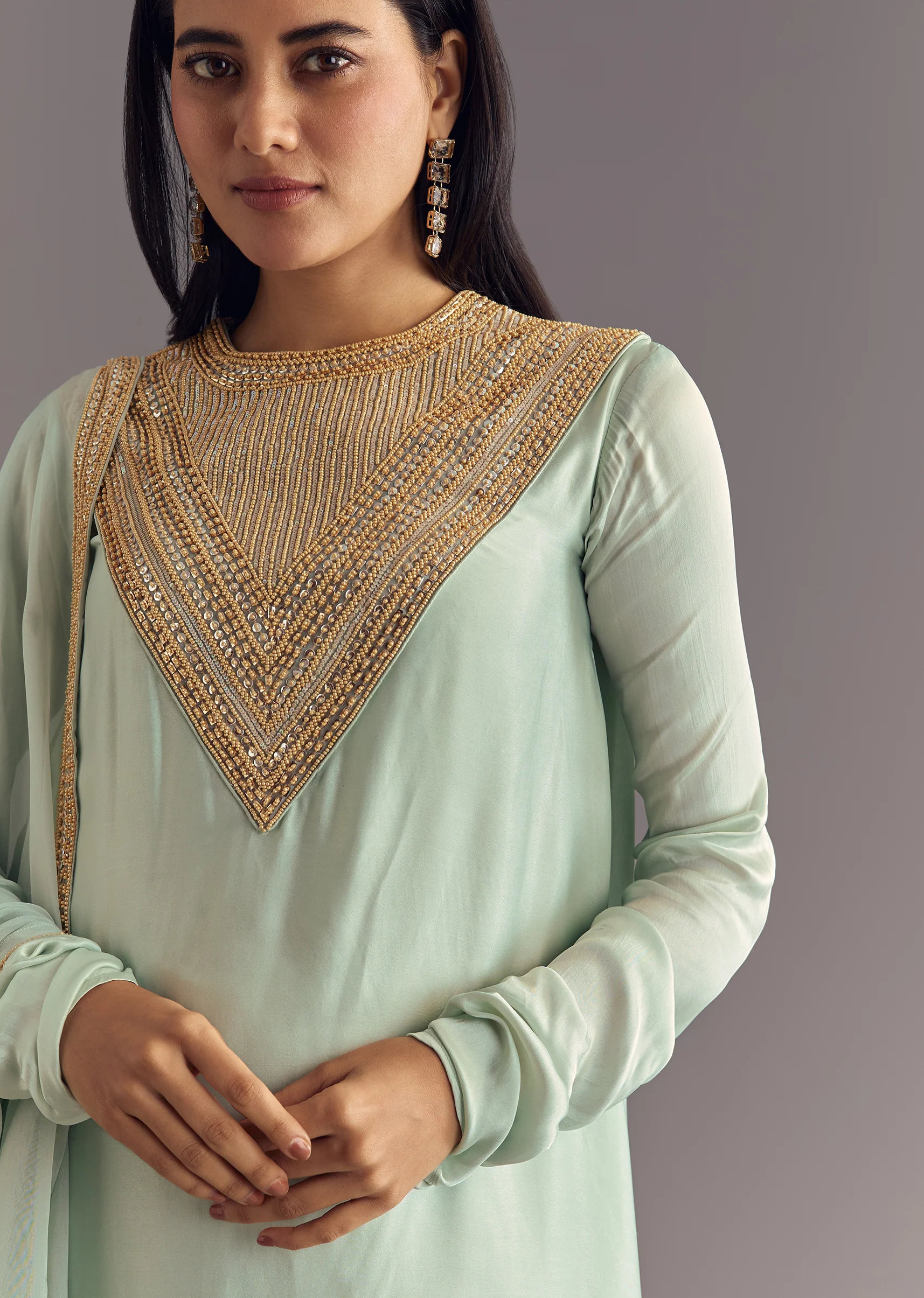 Satin Asymmetrical Kurta Set With Moti And Sequins Dupatta - Image 5