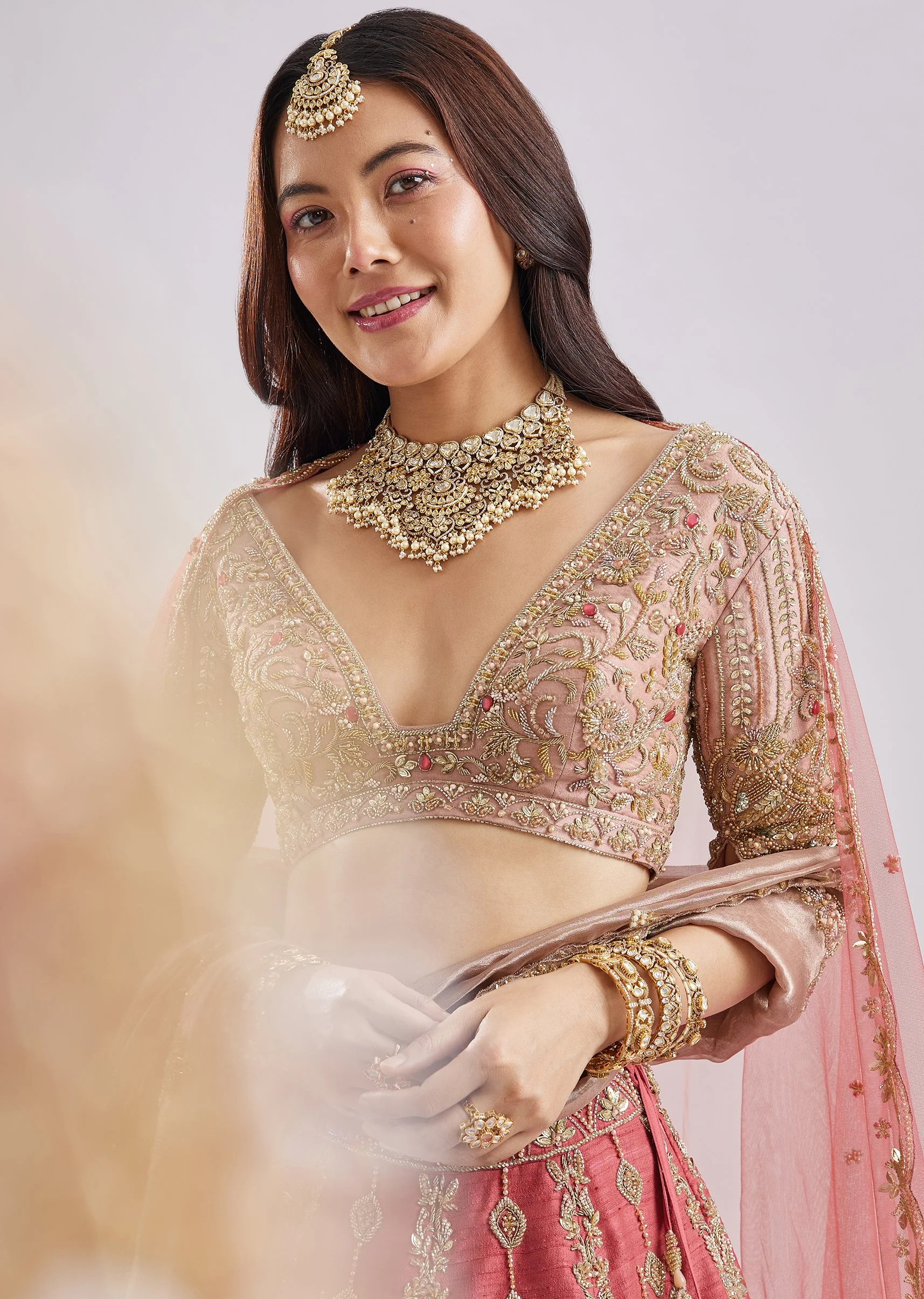 Scalloped Pink Lehenga With Dual Blouses - Image 3