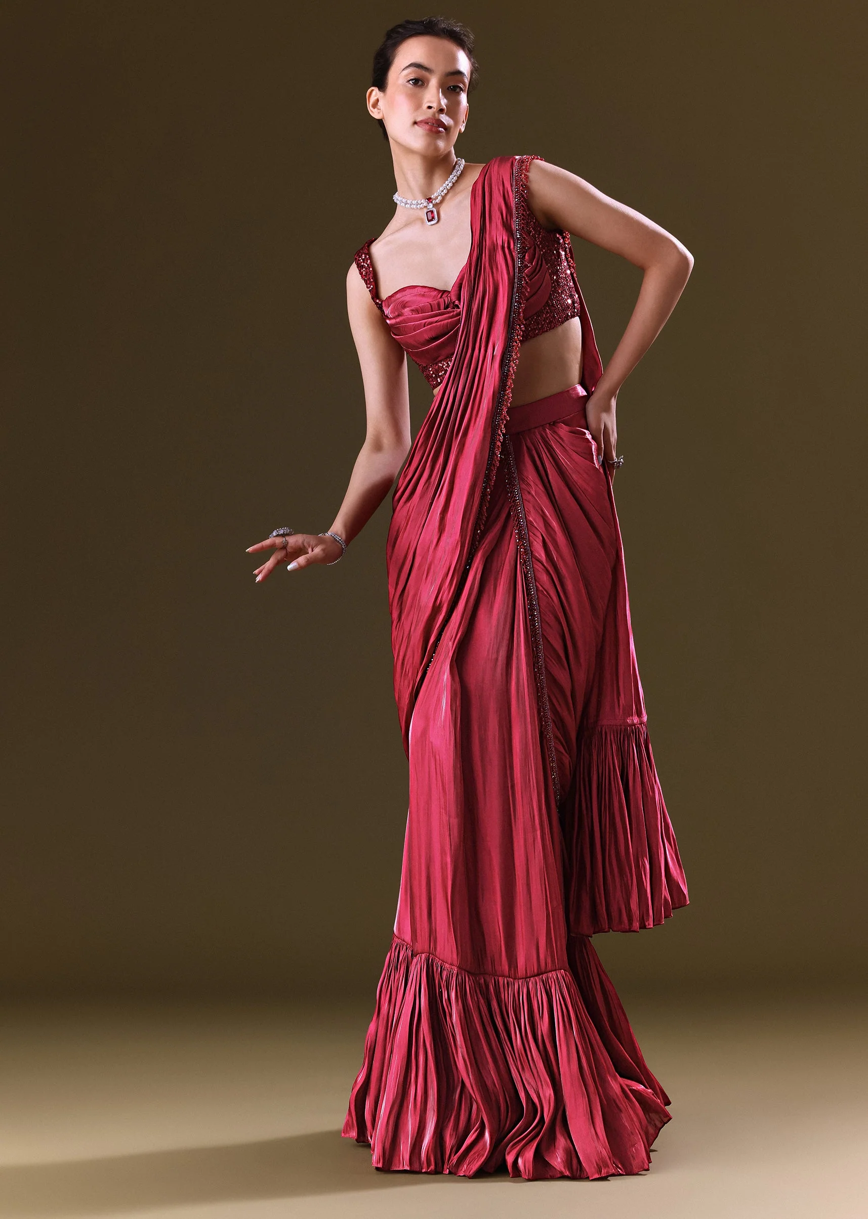 Scarlet Red Fancy Organza Pre Stitched Saree With Pre Pleated Blouse - Image 3