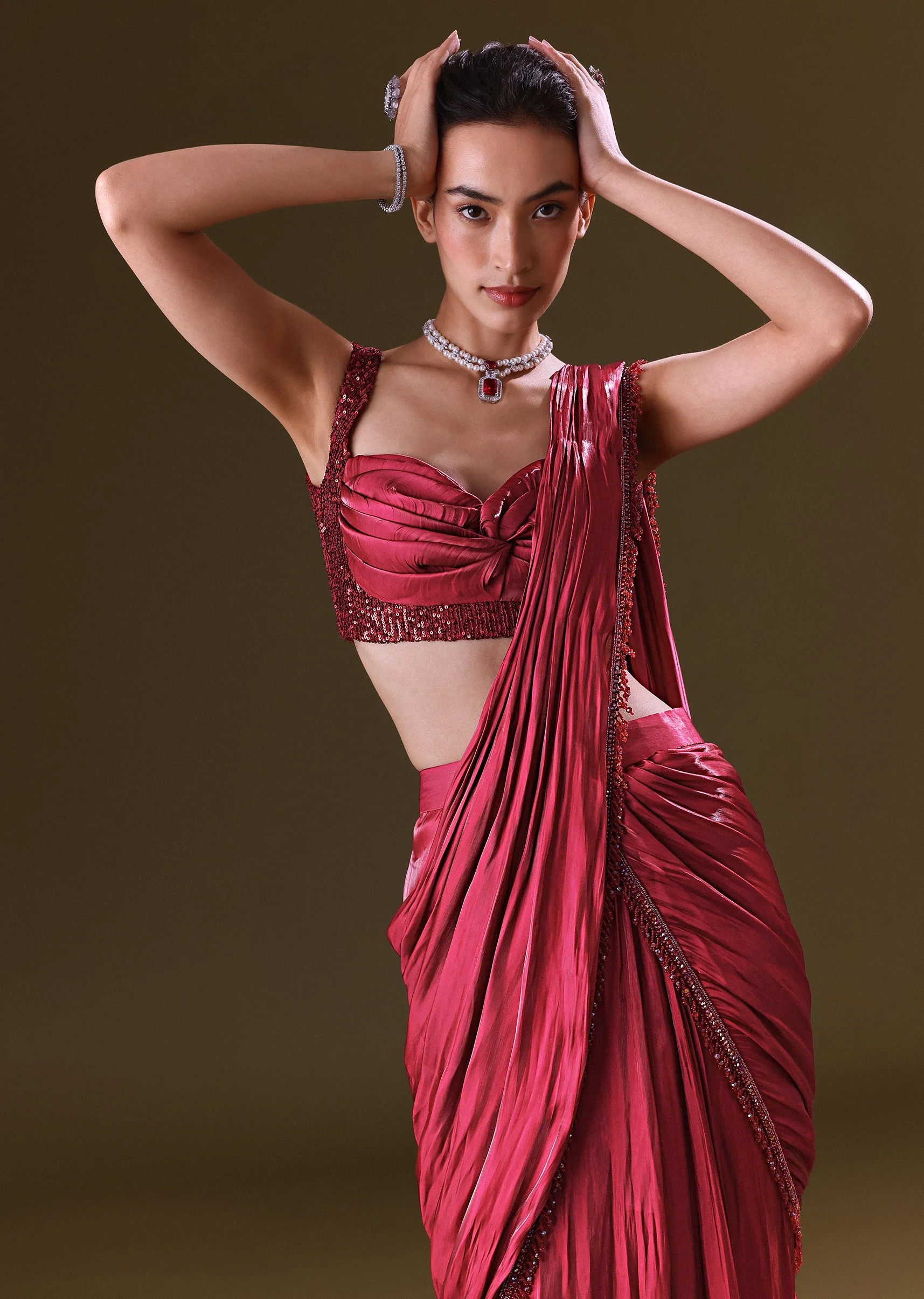 Scarlet Red Fancy Organza Pre Stitched Saree With Pre Pleated Blouse - Image 4