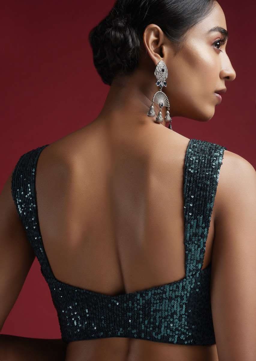 Sea Blue Blouse Embellished In Sequins With Tapering Straps On The Shoulders And Corset Neckline - Image 2