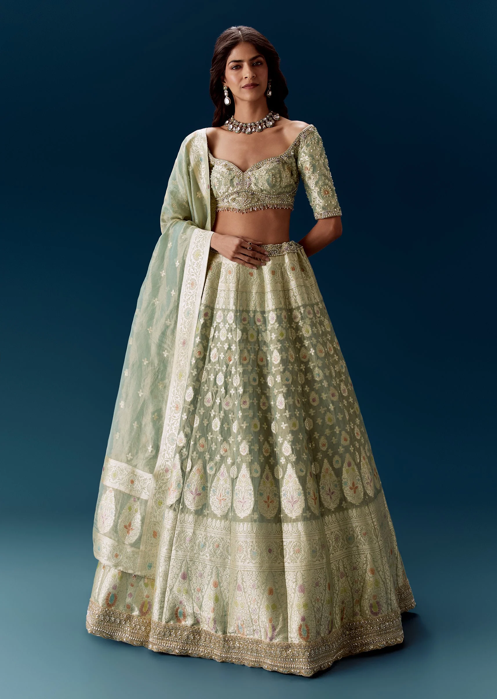 Sea Green Banarasi Embroidered Bridal Lehenga With Dupatta