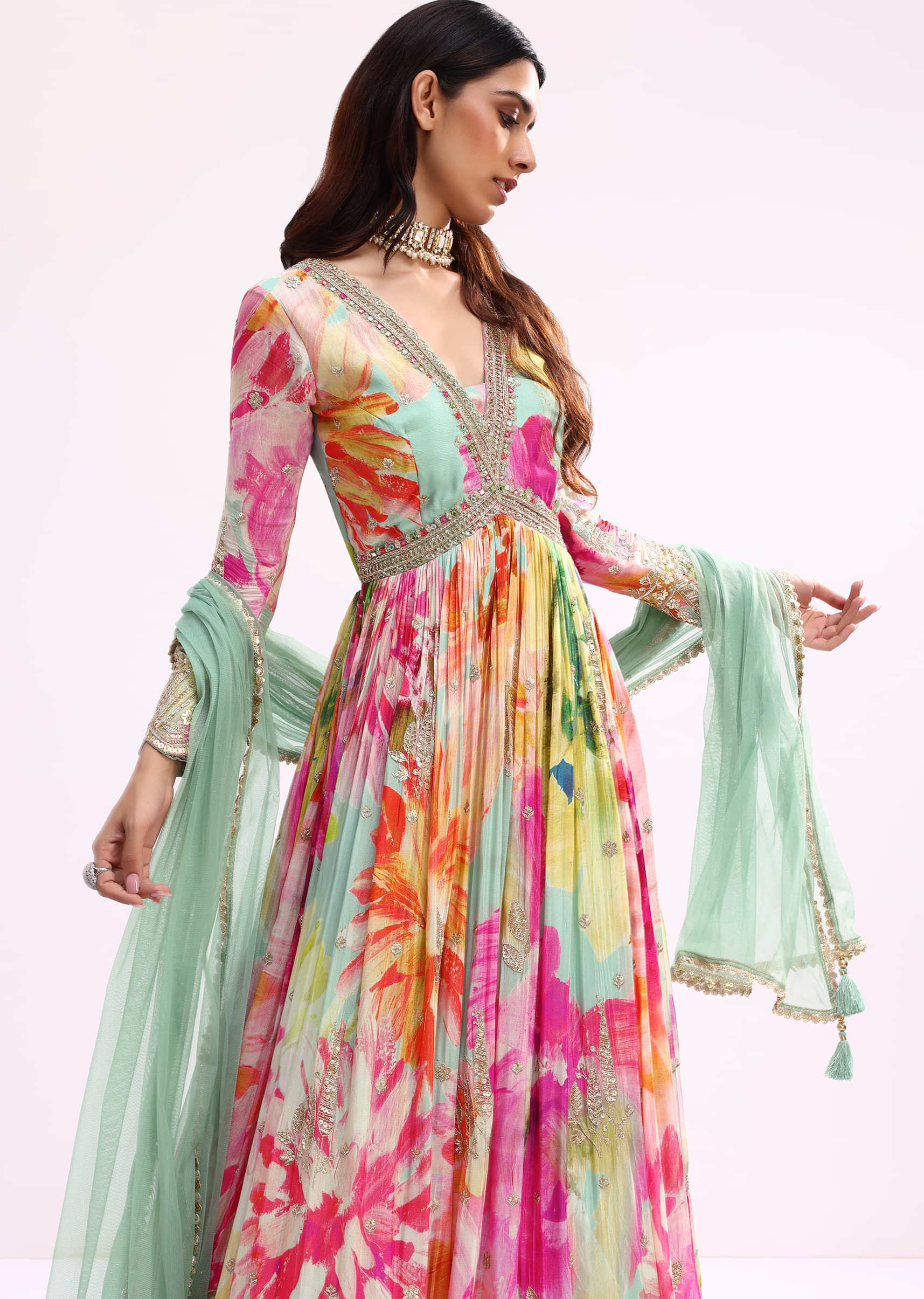 Sea Green Embroidered Chiffon Anarkali Set - Image 4