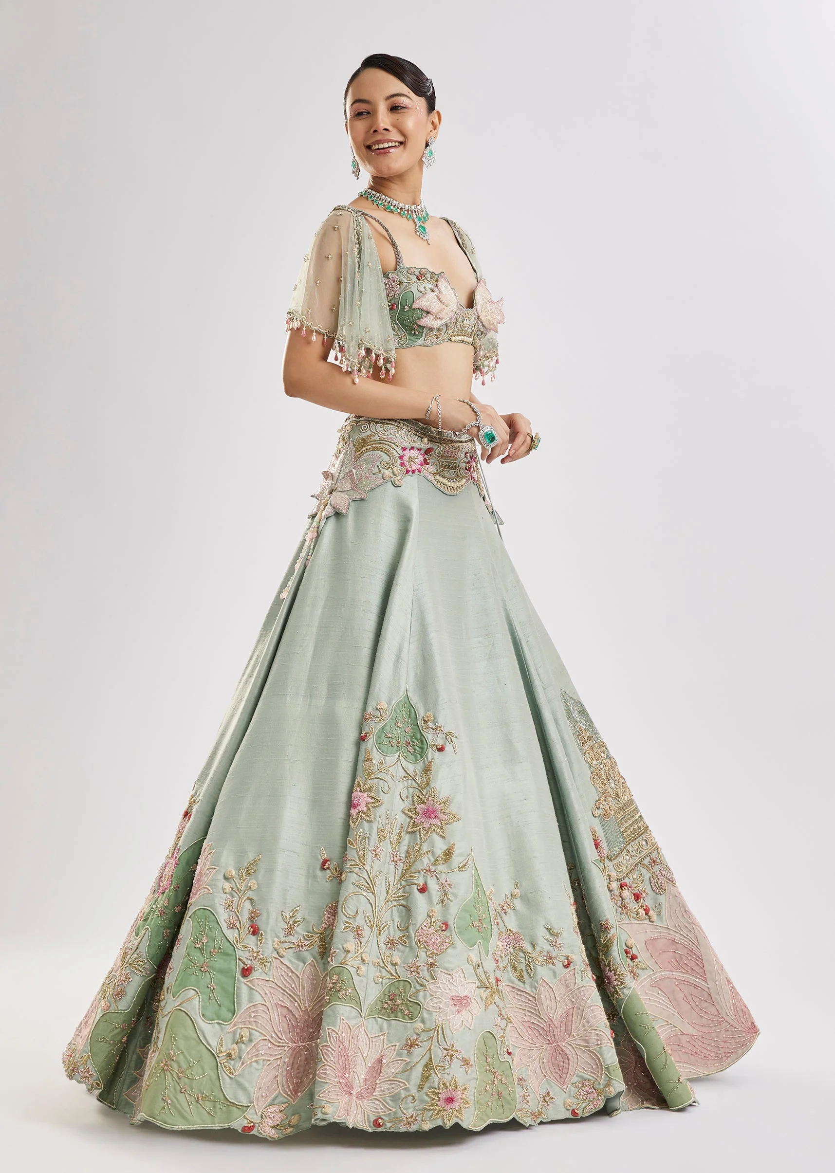 Sea Green Embroidered Lehenga Set With Cape - Image 3