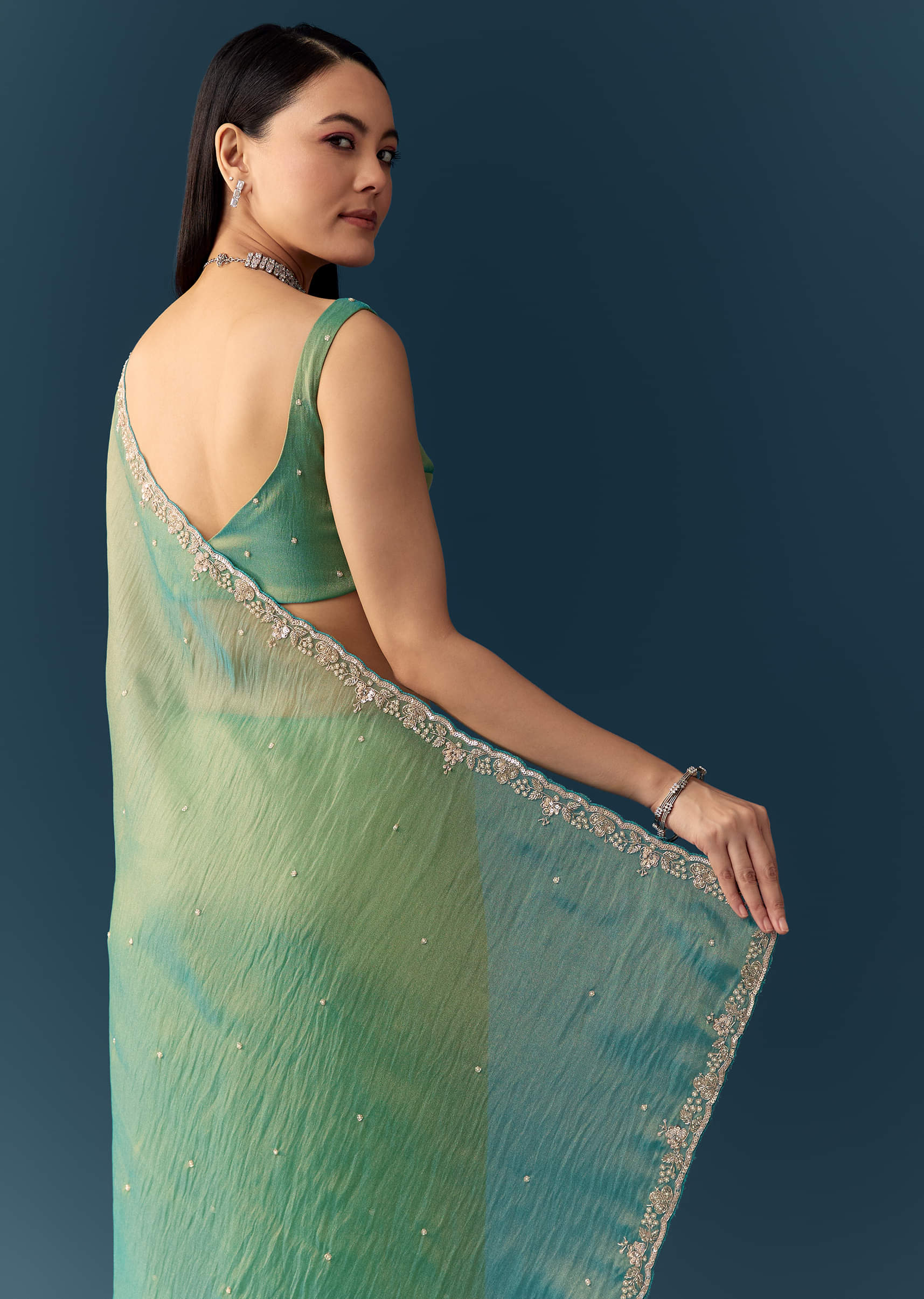 Sea Green Embroidered Tissue Saree with Unstitched Blouse - Image 6