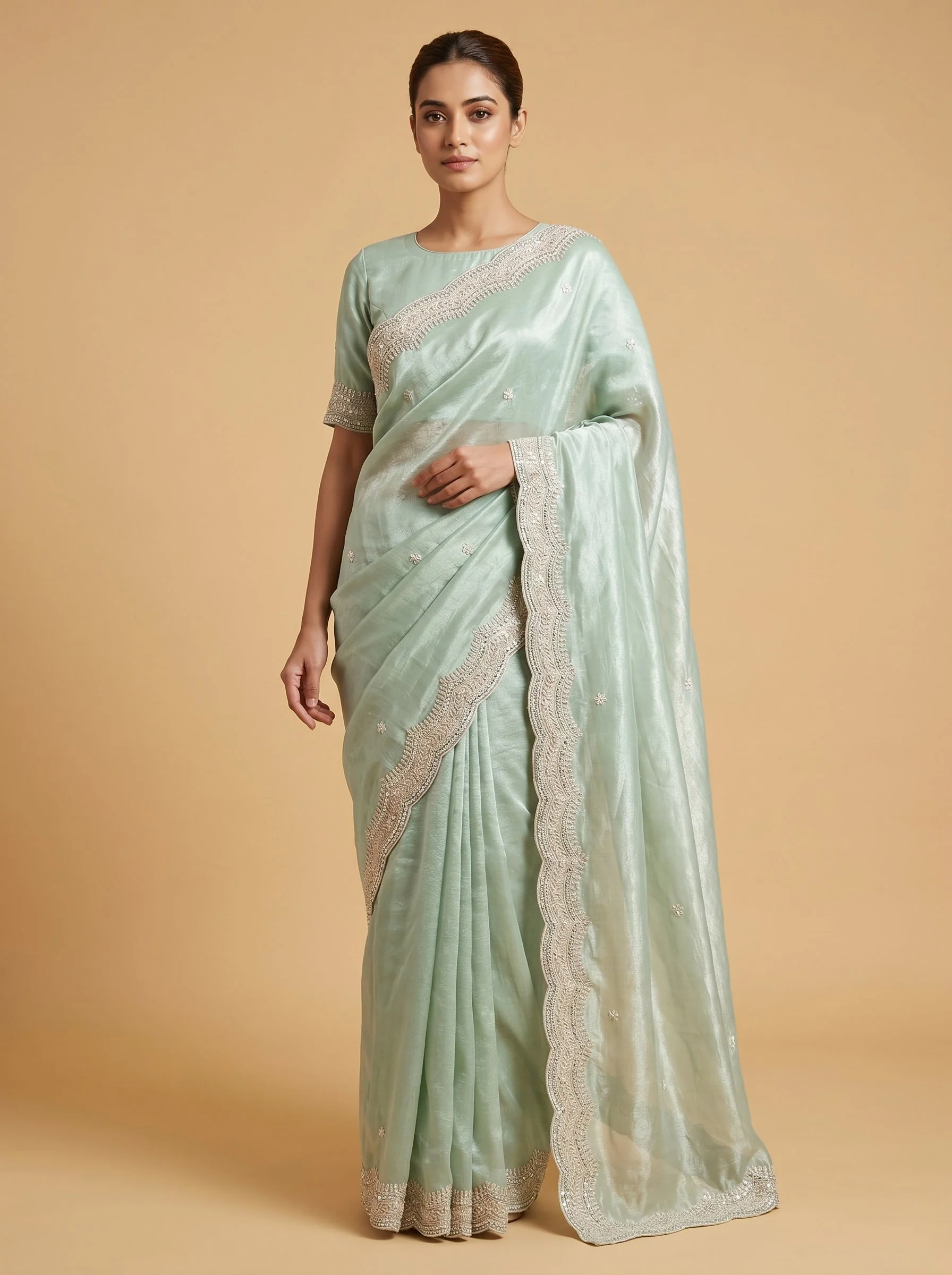 Sea Green Flow Embroidered Saree