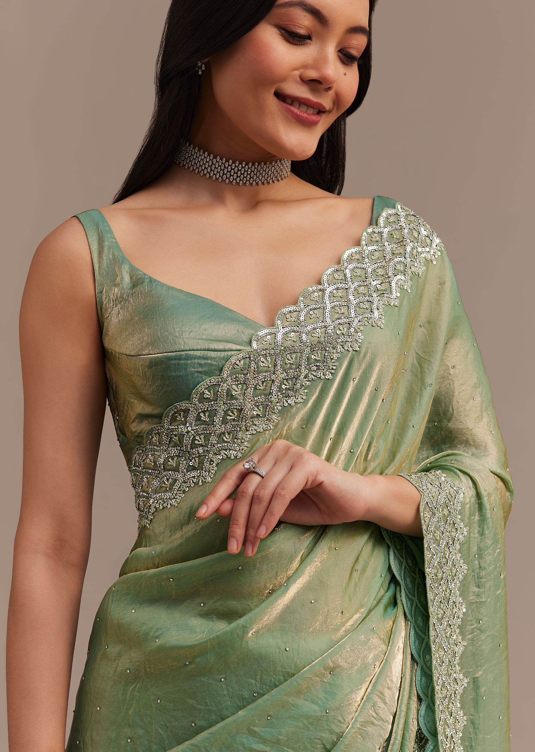 Sea Green Glass Tissue Saree With Cutdana And Stone Embroidery - Image 3