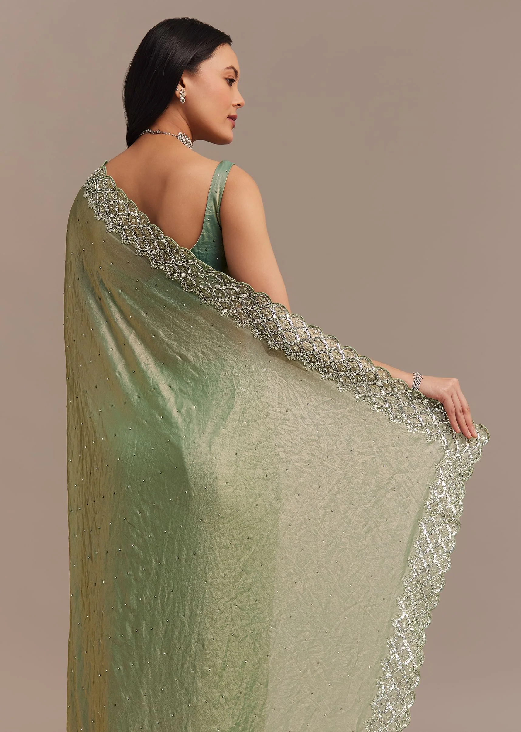 Sea Green Glass Tissue Saree With Cutdana And Stone Embroidery - Image 6