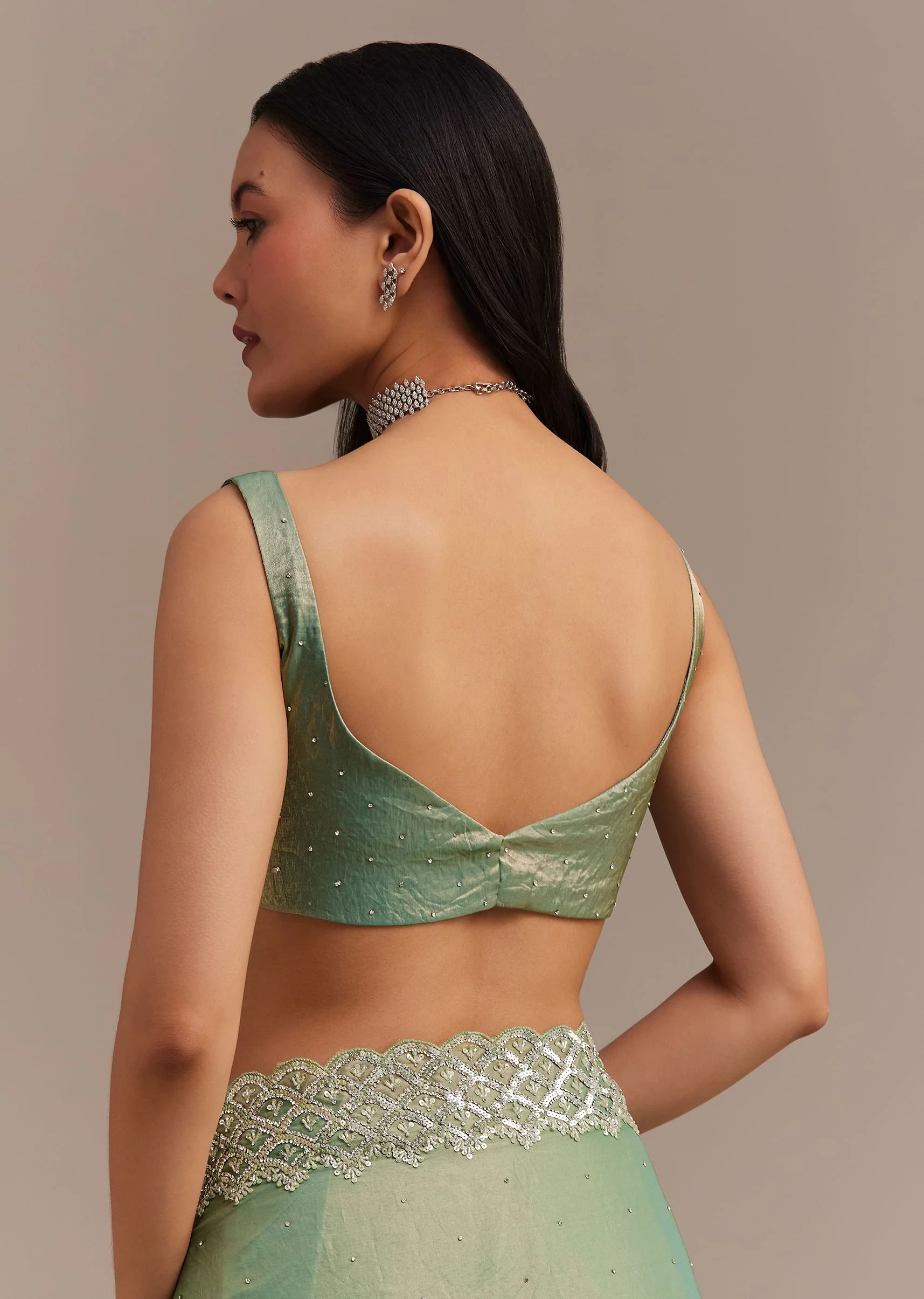 Sea Green Glass Tissue Saree With Cutdana And Stone Embroidery - Image 8