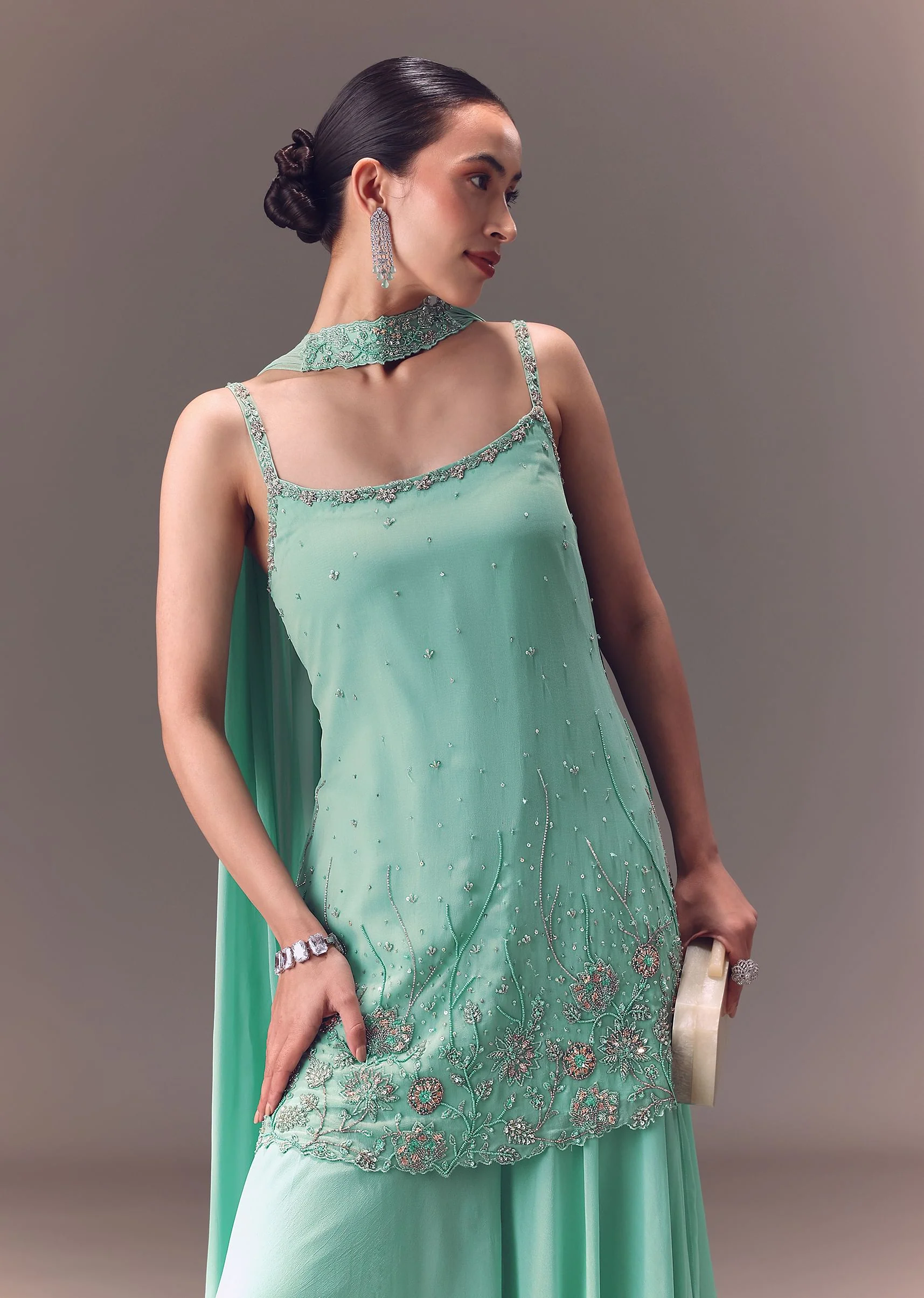 Sea Green Kurta Sharara Set With Choker Dupatta - Image 4