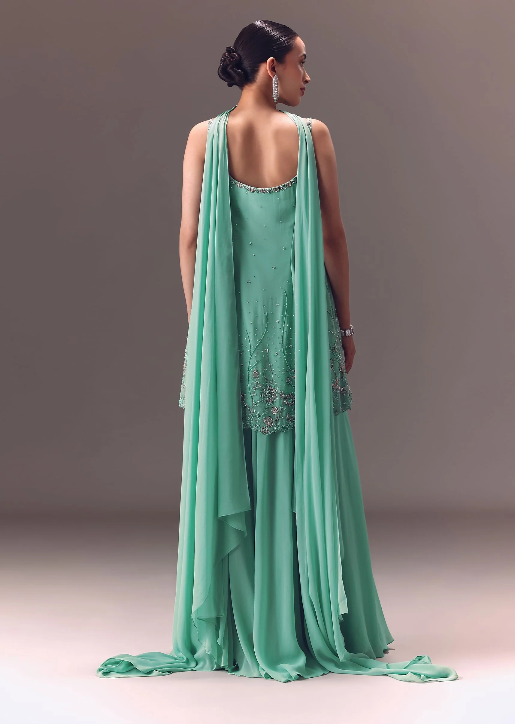 Sea Green Kurta Sharara Set With Choker Dupatta - Image 5