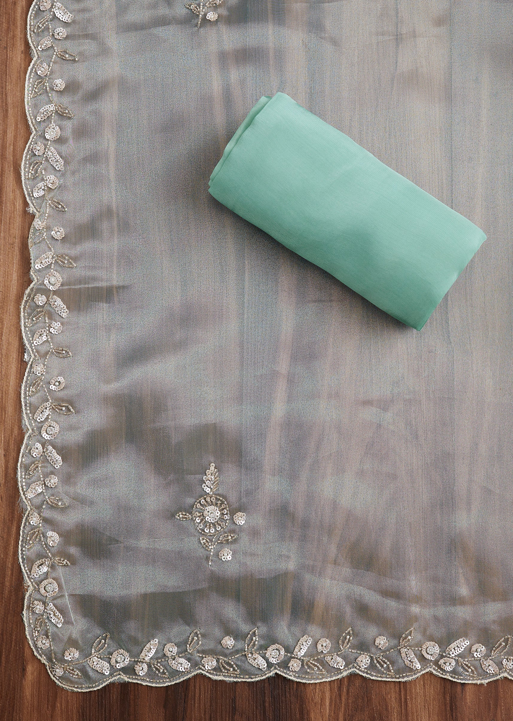 Sea Green Organza Festive Suit Set - Image 4