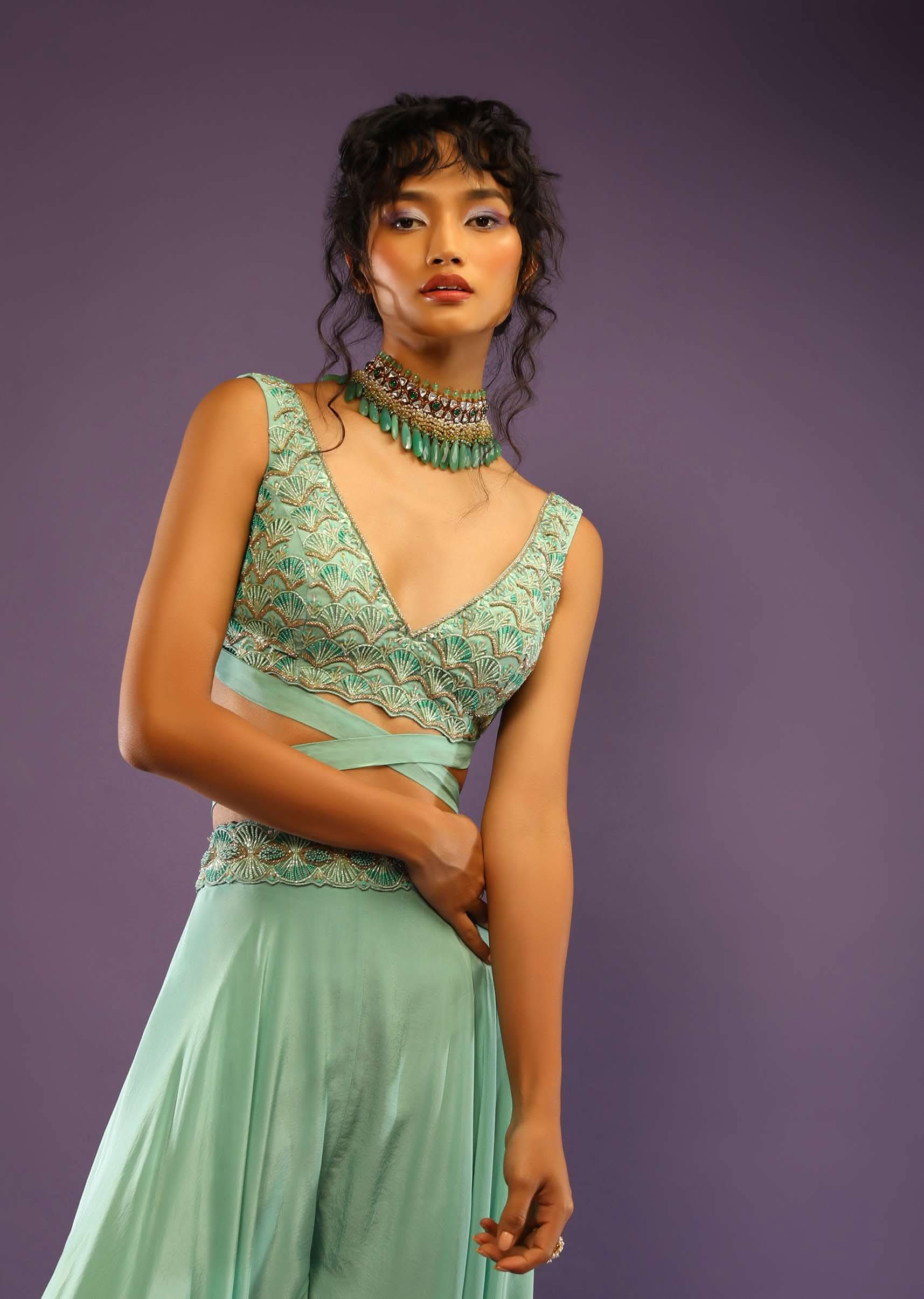 Sea Green Palazzo And Crop Top With Wrap Around Straps And Shaded Green Bead Work In Scallop Motifs - Image 4