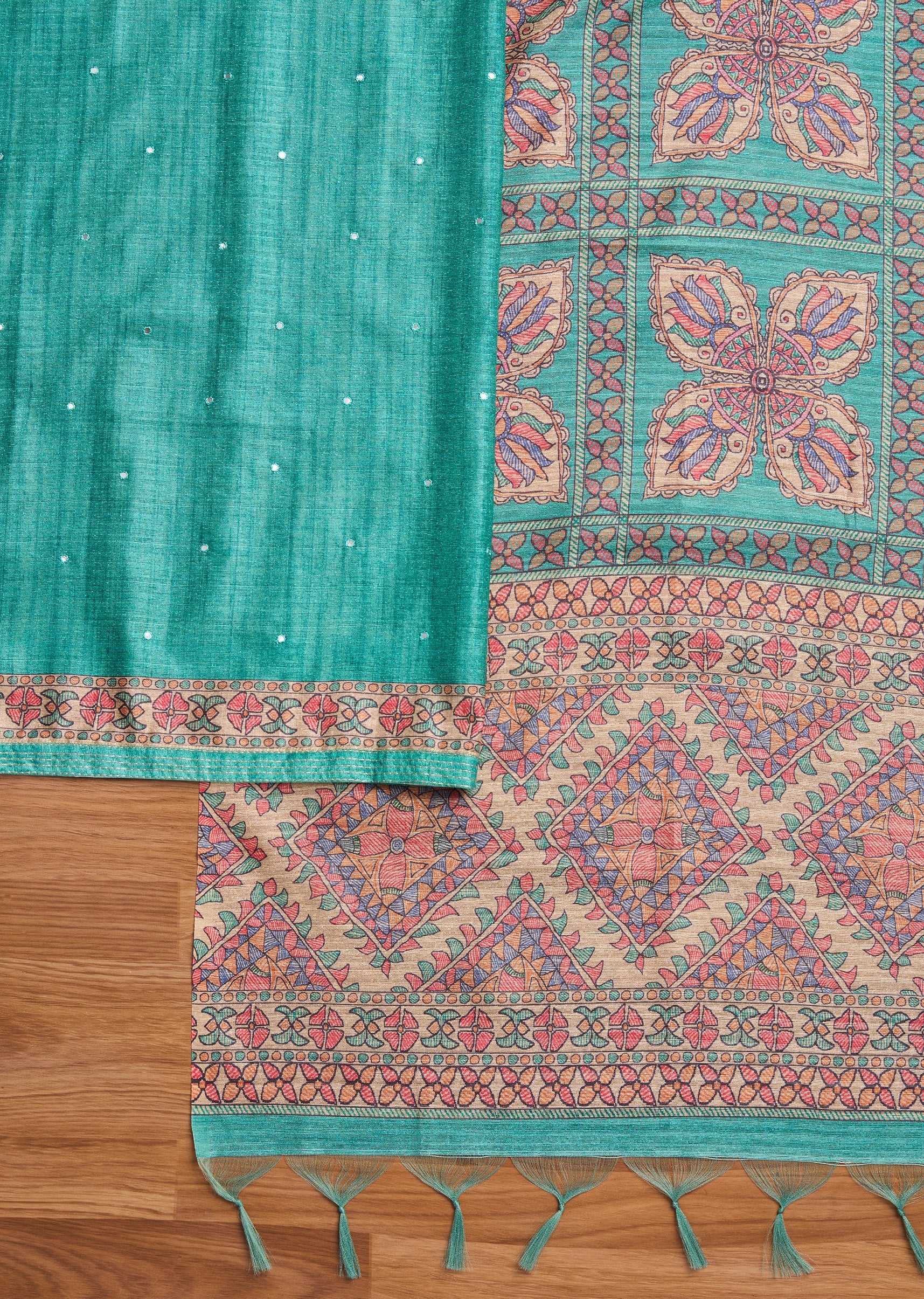 Sea Green Printed Crepe Unstitched Suit Set - Image 3