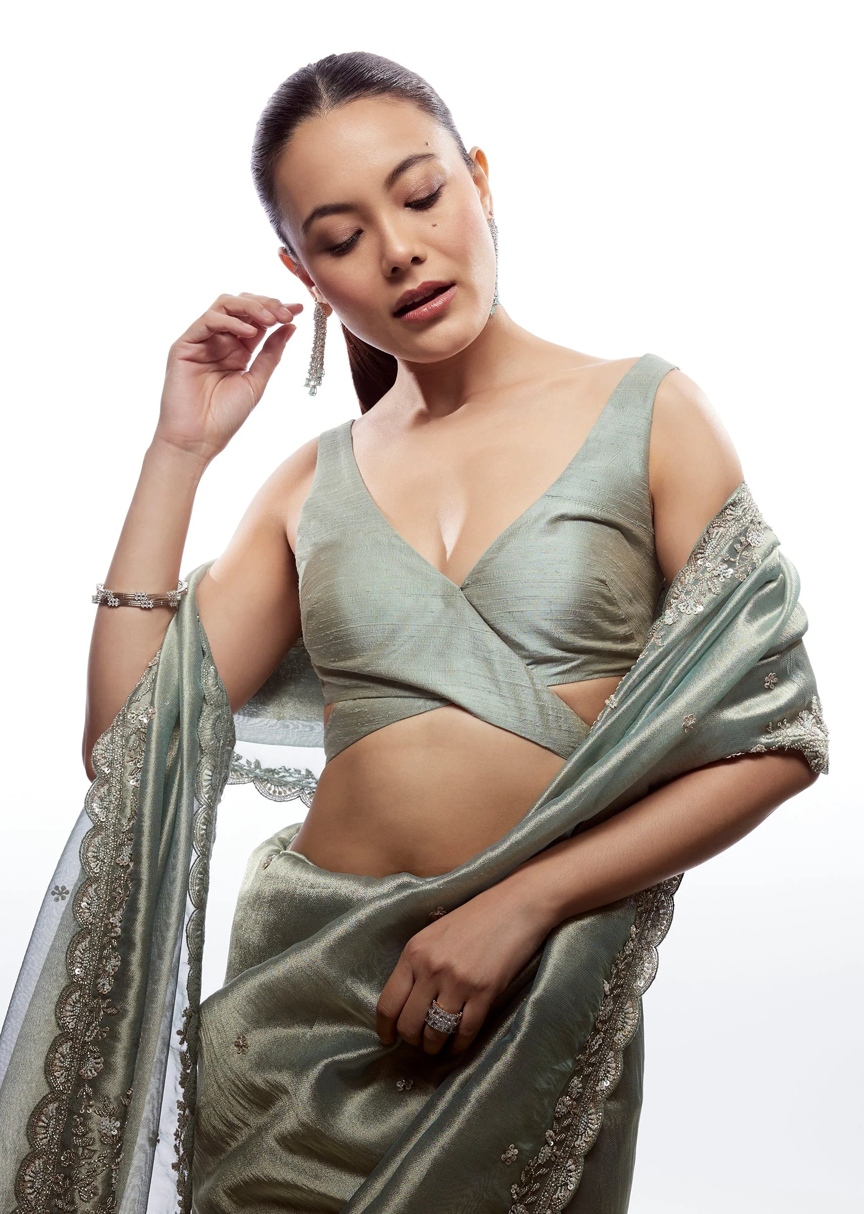 Sea Green Raw Silk V Neck Blouse
