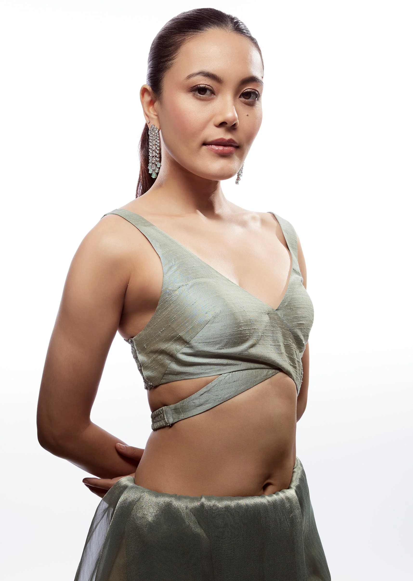 Sea Green Raw Silk V Neck Blouse - Image 3
