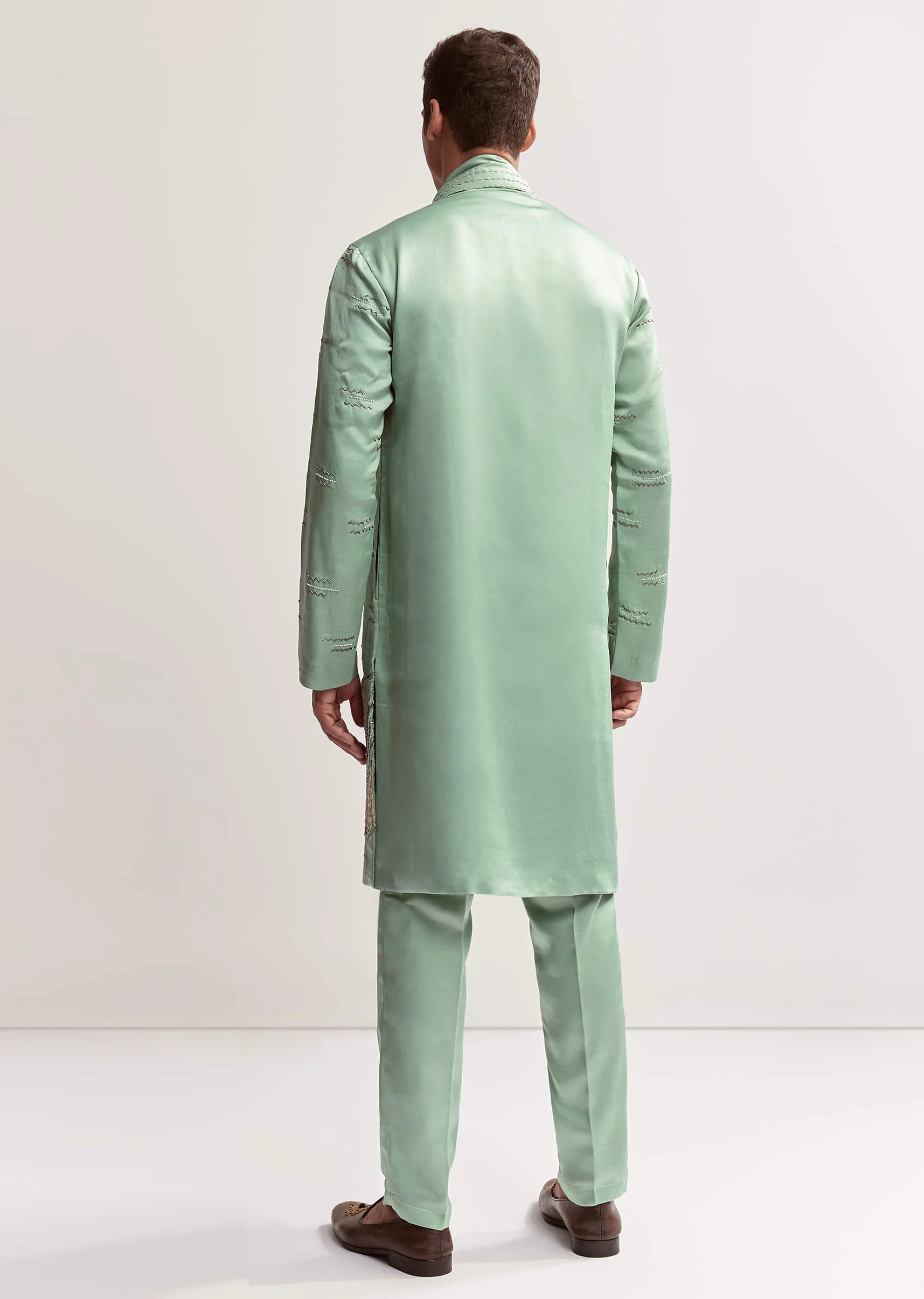 Sea Green Silk Kurta Set For Men With Bead Embroidery - Image 5