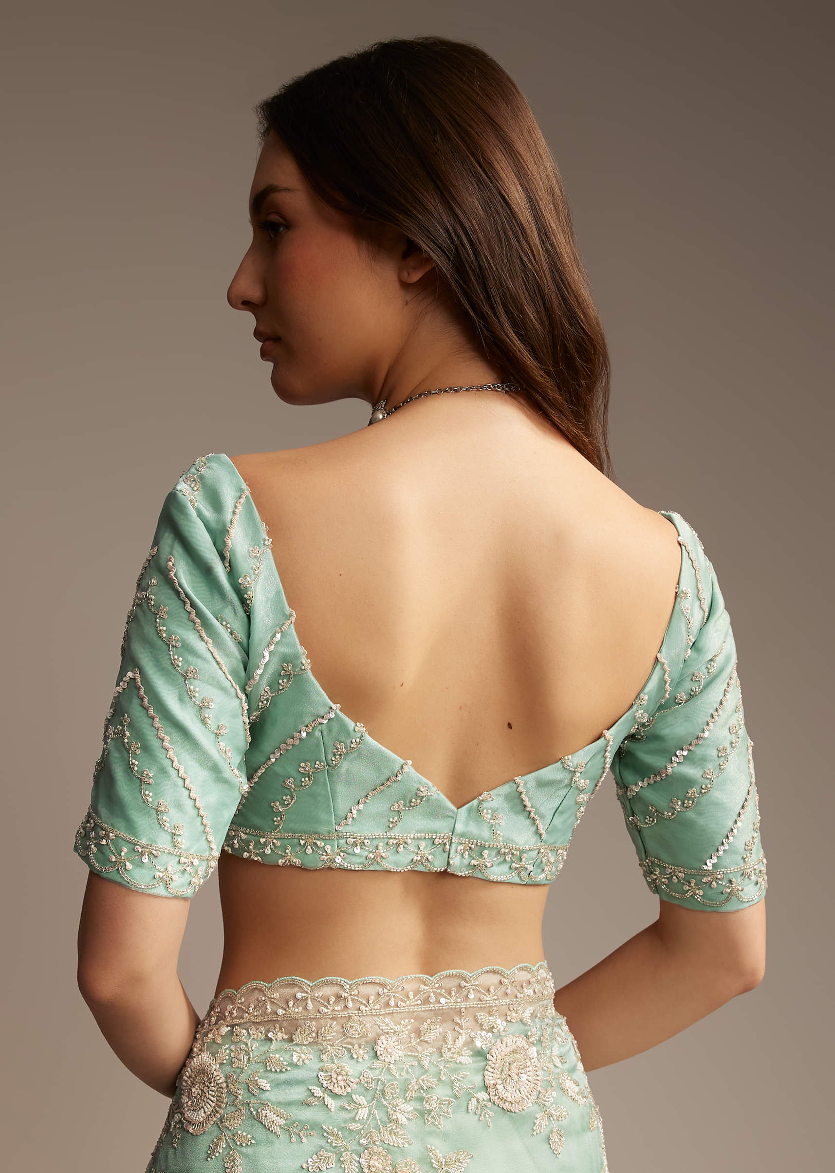 Sea Green Tissue Saree with Cutdana Embroidery - Image 7
