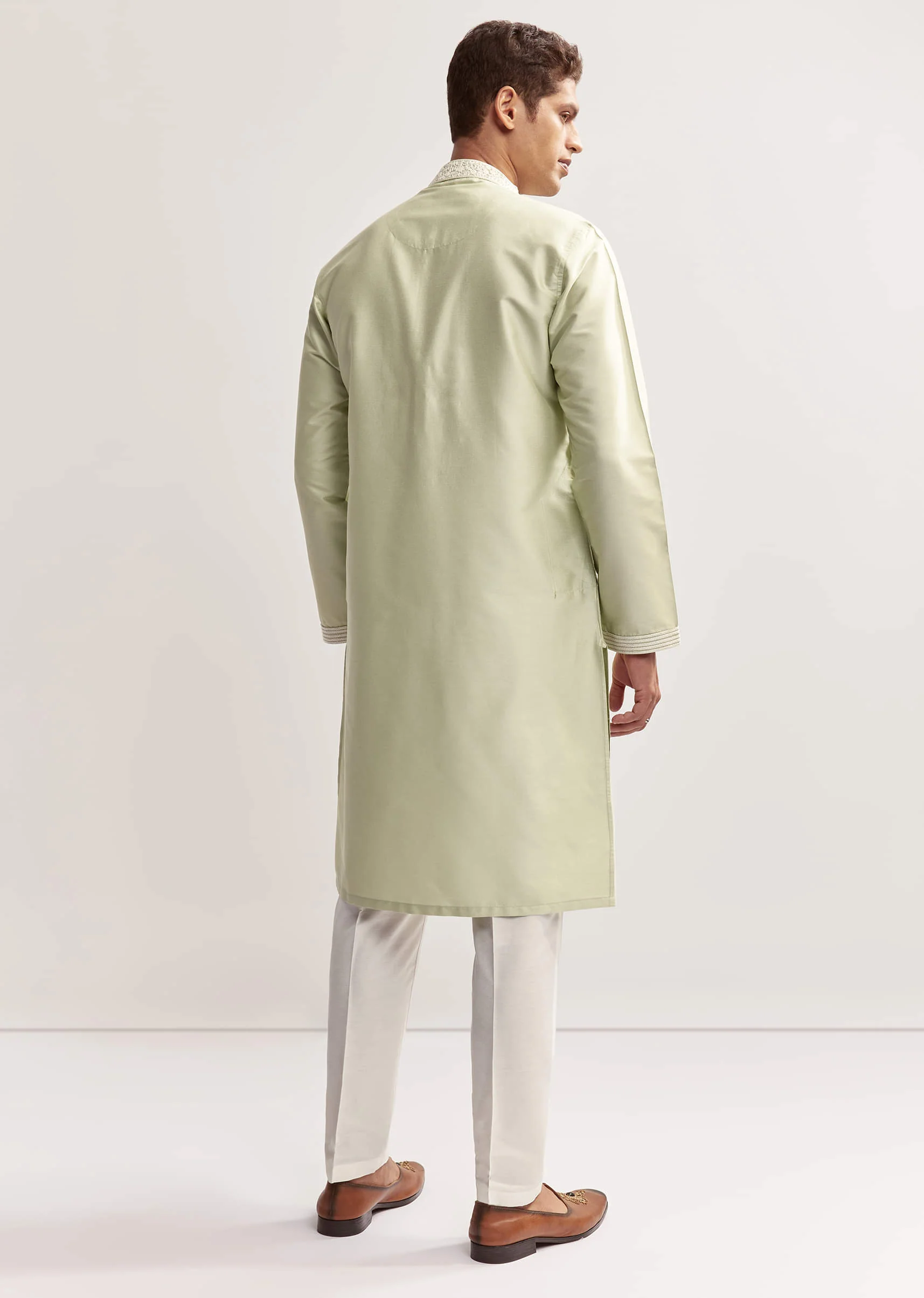 Sea Green Viscose Chanderi Kurta Set For Men With Hand Work - Image 5
