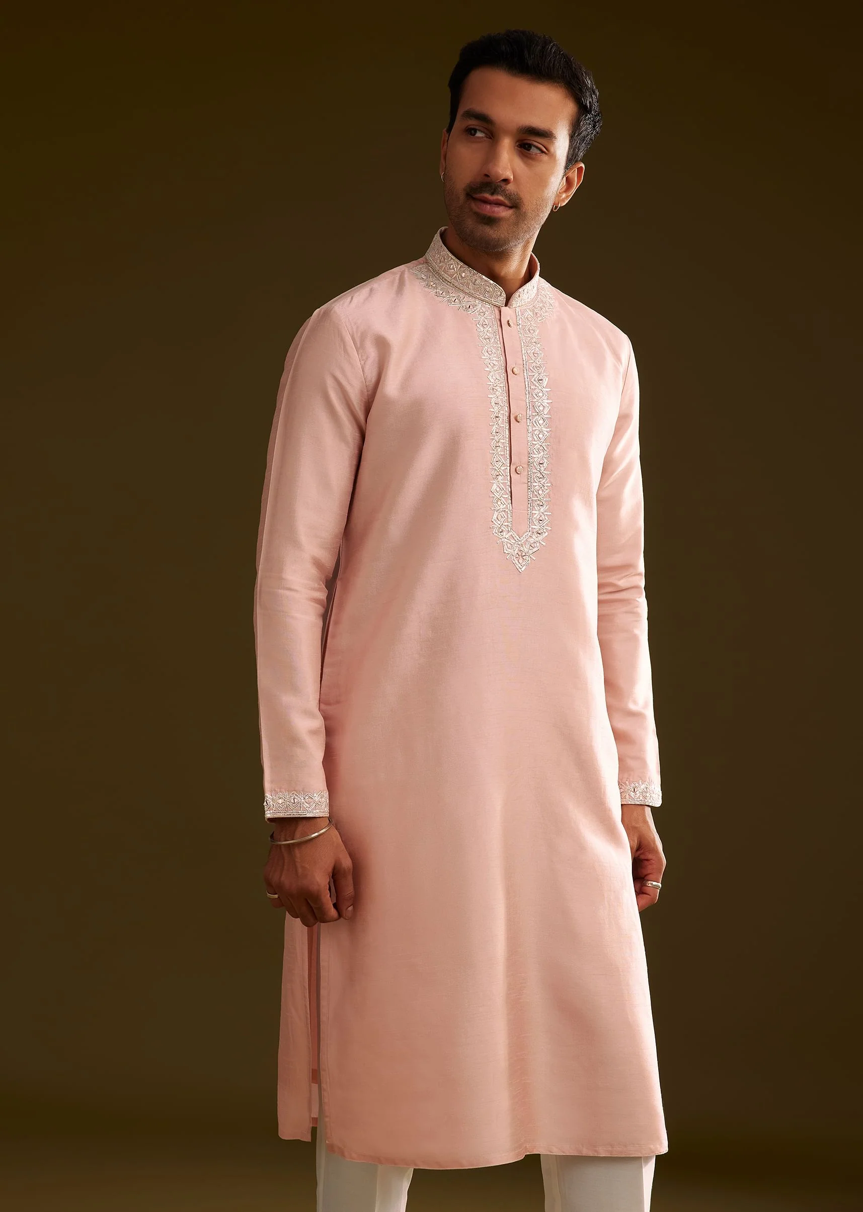 Sea Shell Pink Silk Kurta Set With Embroidery - Image 3
