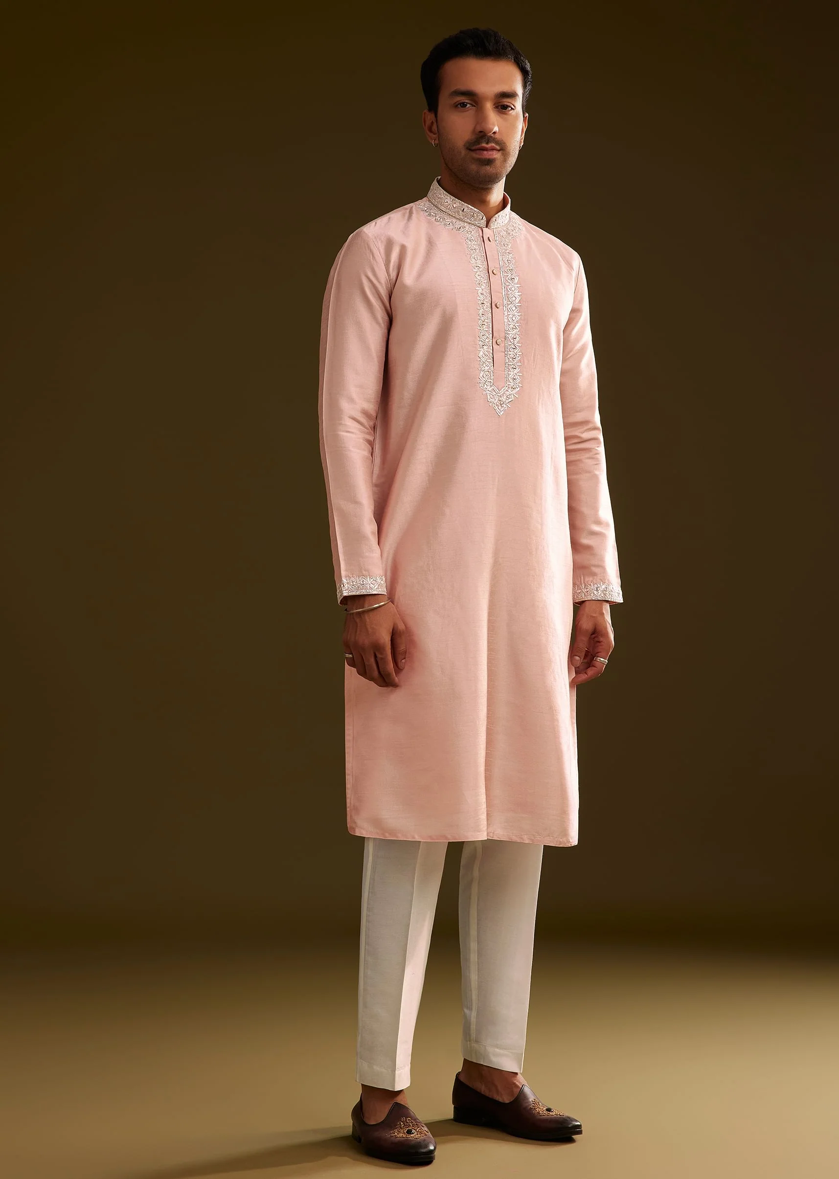 Sea Shell Pink Silk Kurta Set With Embroidery - Image 4