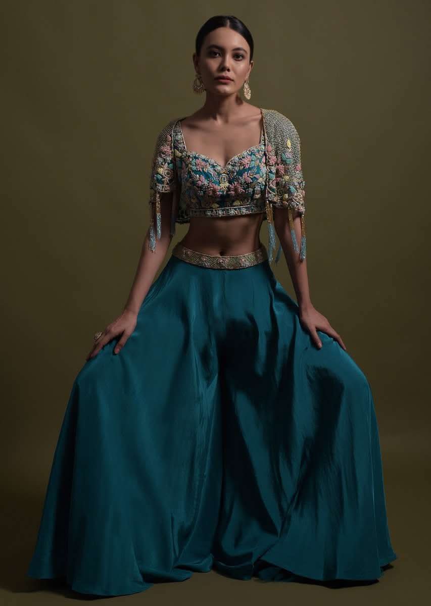 Seaside Blue Crop Top And Palazzo With Embossed Embroidery And Hand Crafted Cape - Image 2
