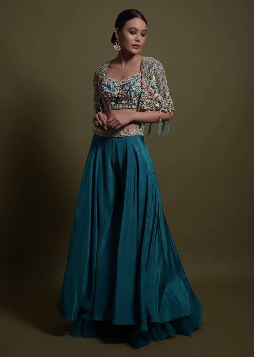 Seaside Blue Crop Top And Palazzo With Embossed Embroidery And Hand Crafted Cape - Image 3