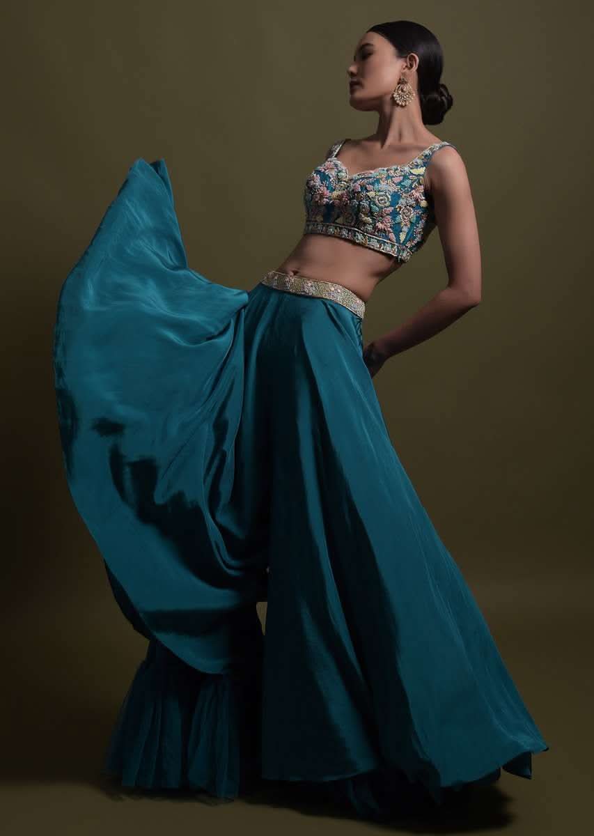 Seaside Blue Crop Top And Palazzo With Embossed Embroidery And Hand Crafted Cape - Image 4