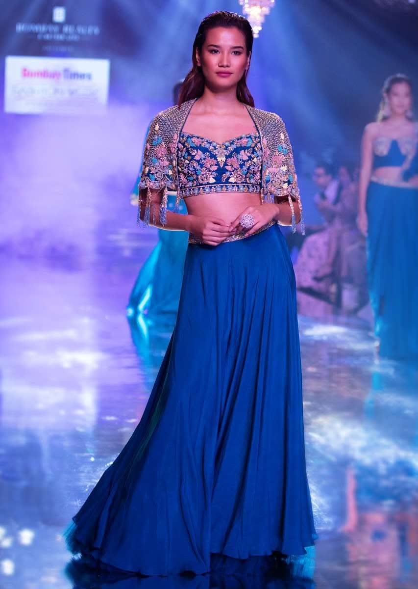 Seaside Blue Crop Top And Palazzo With Embossed Embroidery And Hand Crafted Cape - Image 7
