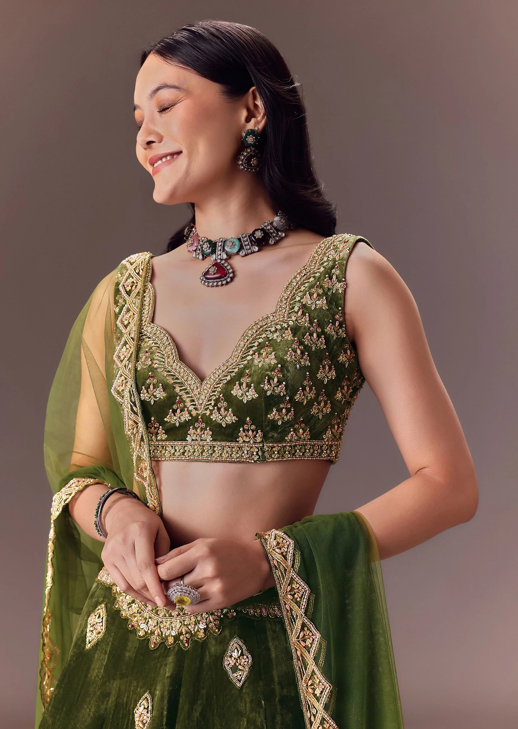 Seaweed Green Velvet Lehenga Set With Hand Work - Image 4