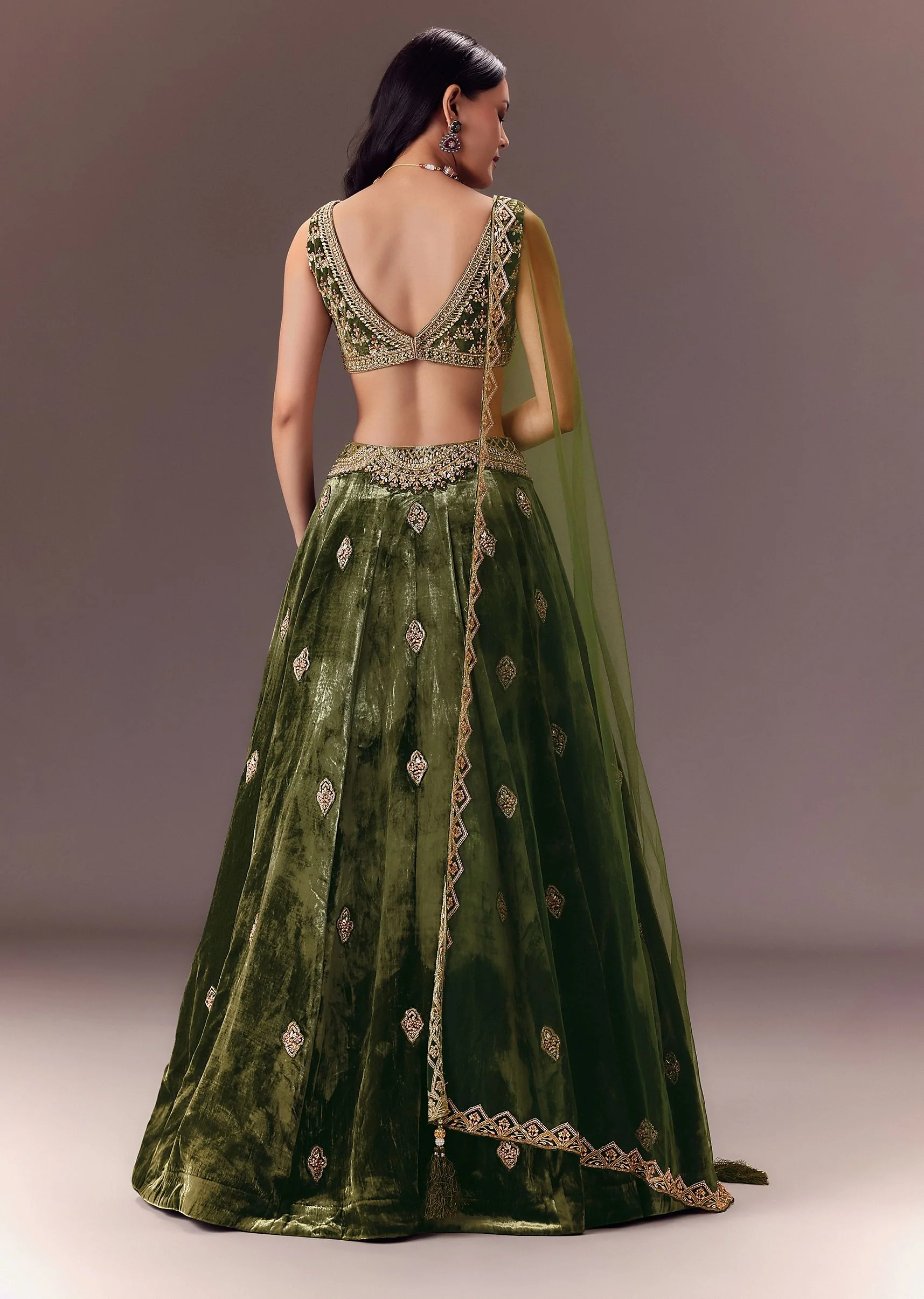 Seaweed Green Velvet Lehenga Set With Hand Work - Image 5
