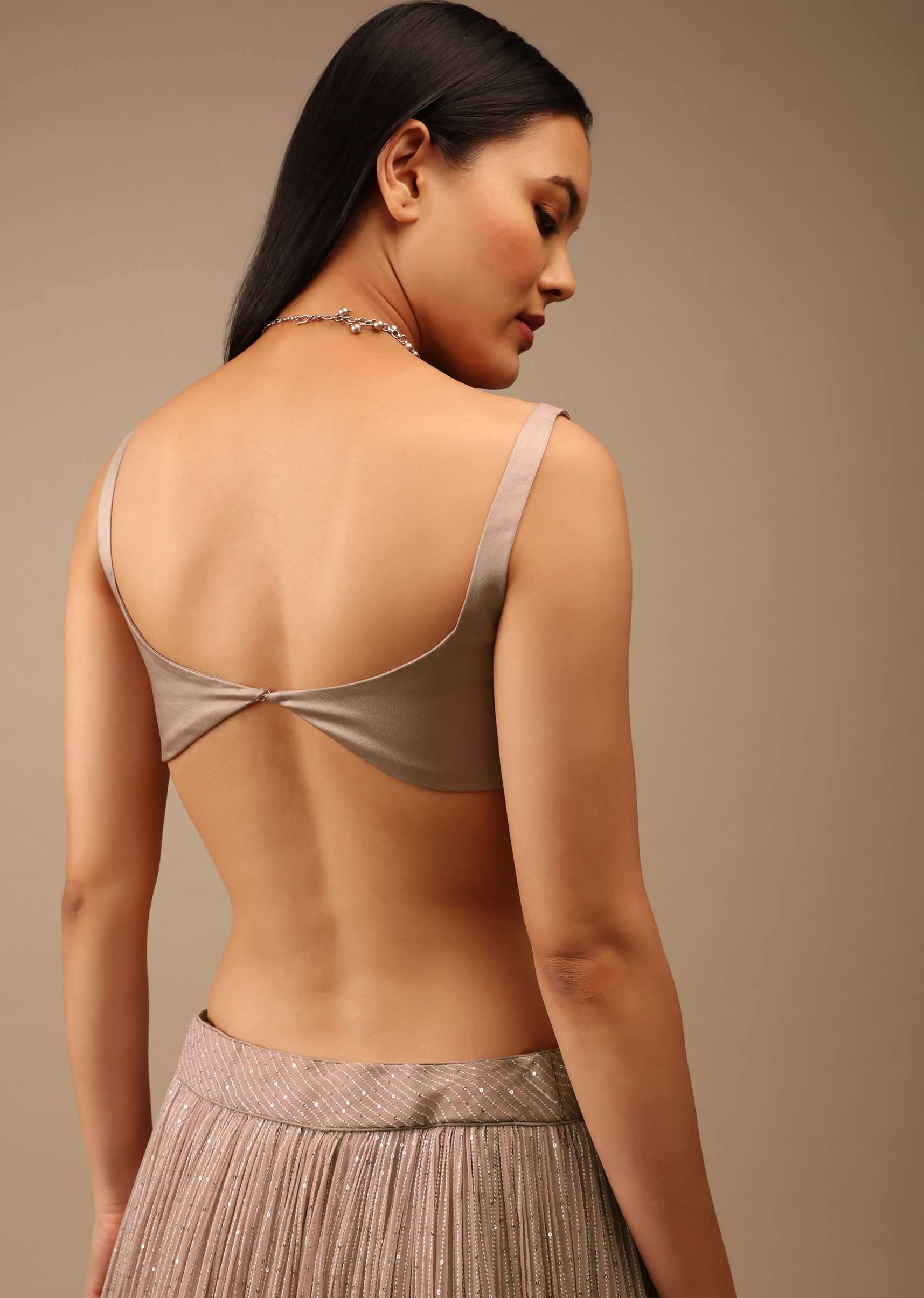 Shadow Grey Backless Blouse In Satin With Plunging Sweetheart Neckline And Curved Hem - Image 2