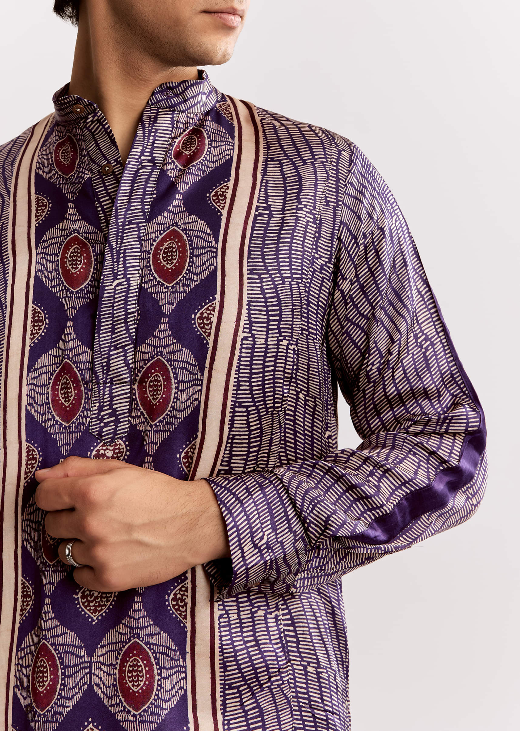 Silk Ajrakh Printed Kurta Set In Purple - Image 3