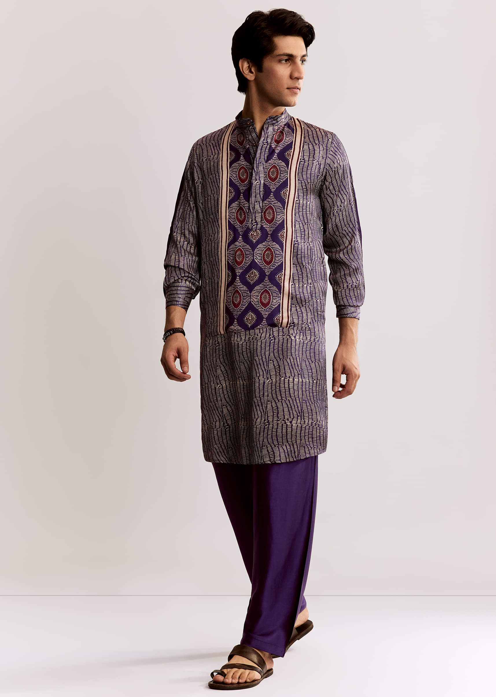 Silk Ajrakh Printed Kurta Set In Purple - Image 4