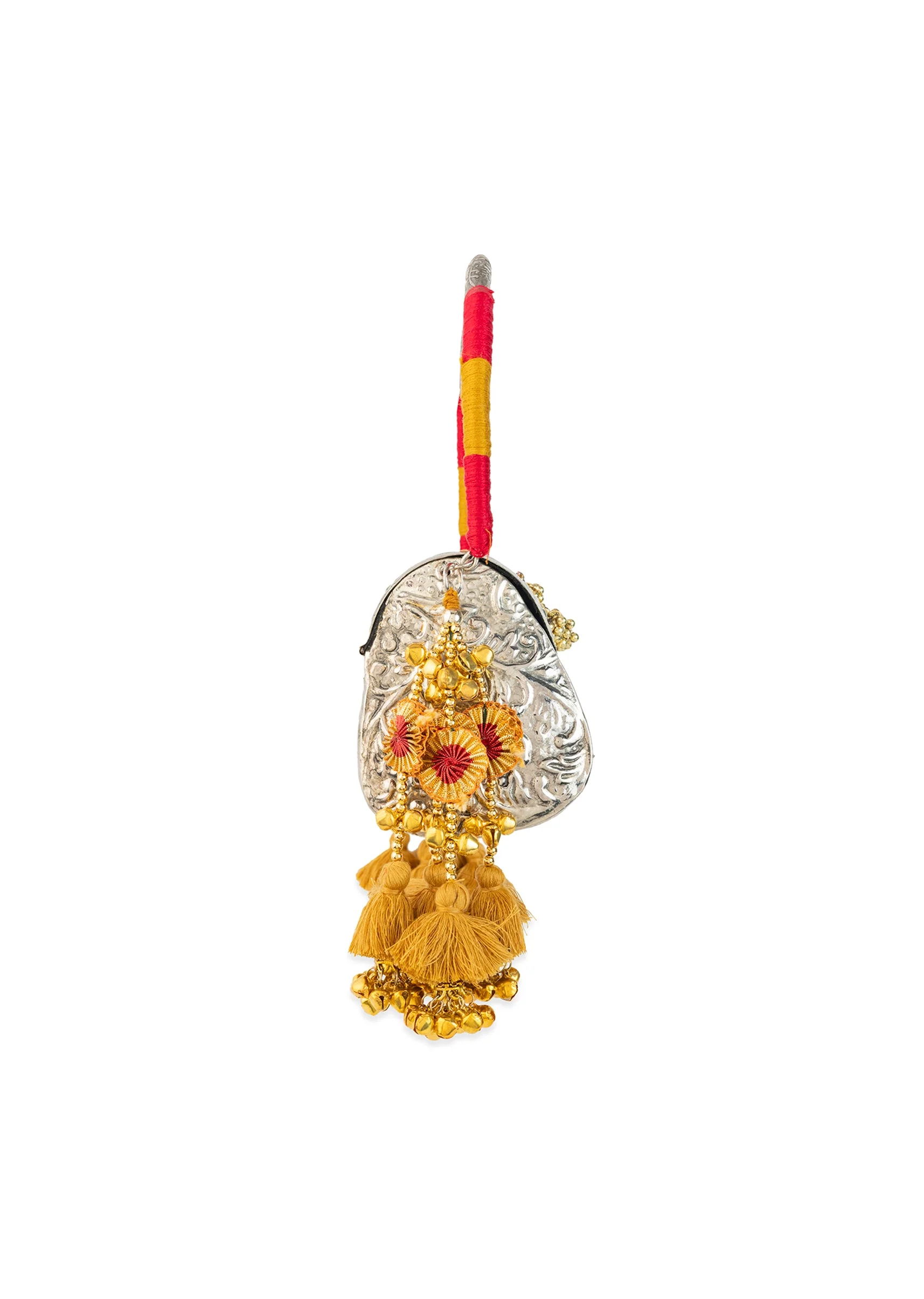Silver and Gold Embossed Metal Bag with Tassels - Image 4