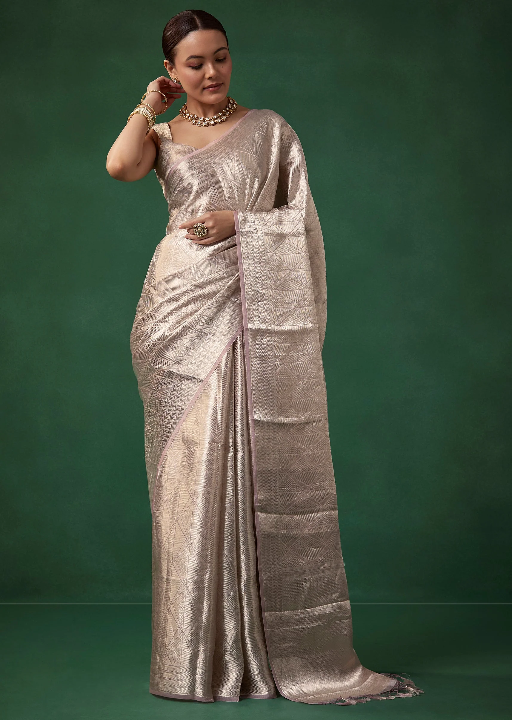 Silver and Pink Tissue Silk Woven Saree with Unstitched Blouse - Image 3