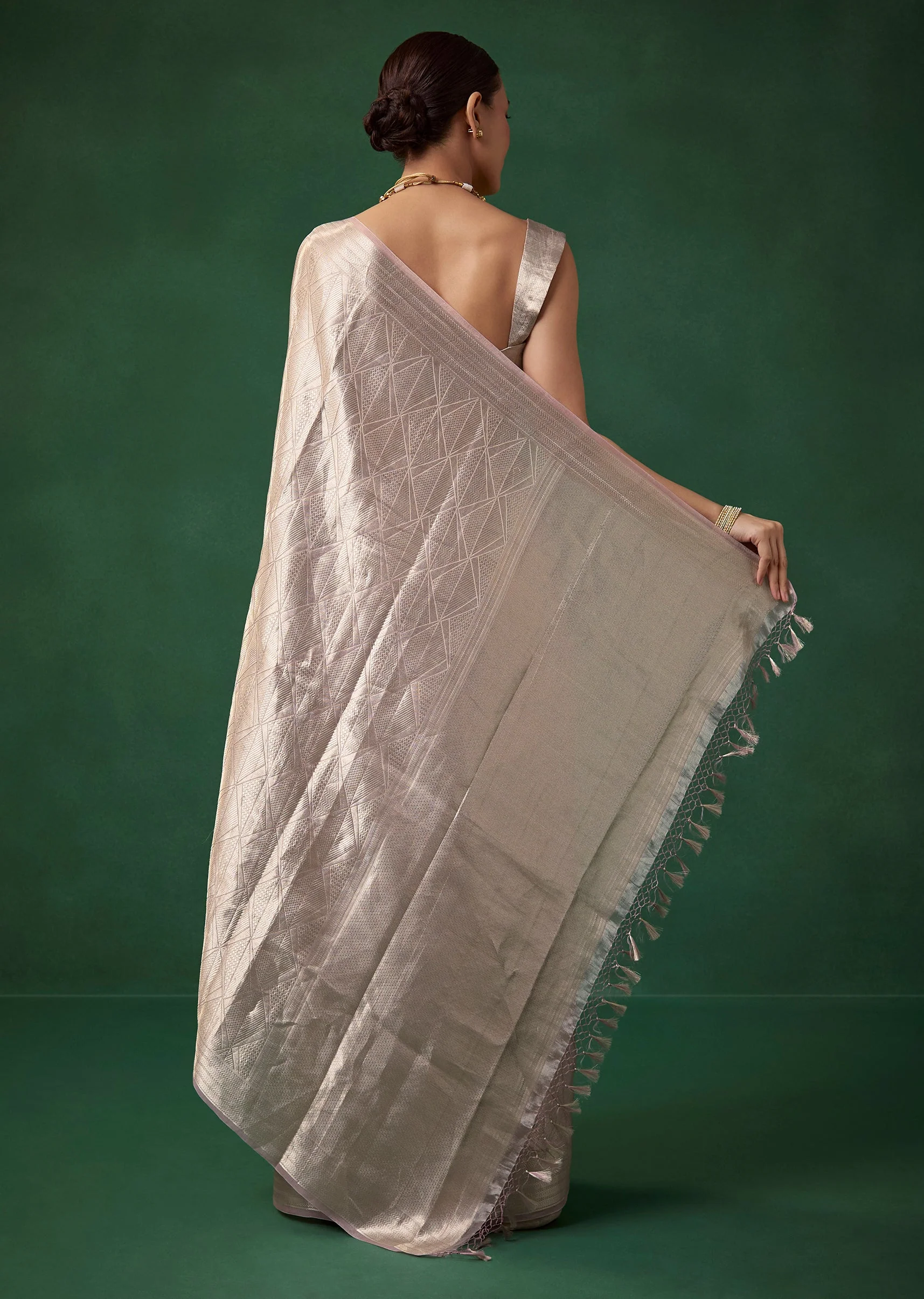 Silver and Pink Tissue Silk Woven Saree with Unstitched Blouse - Image 4