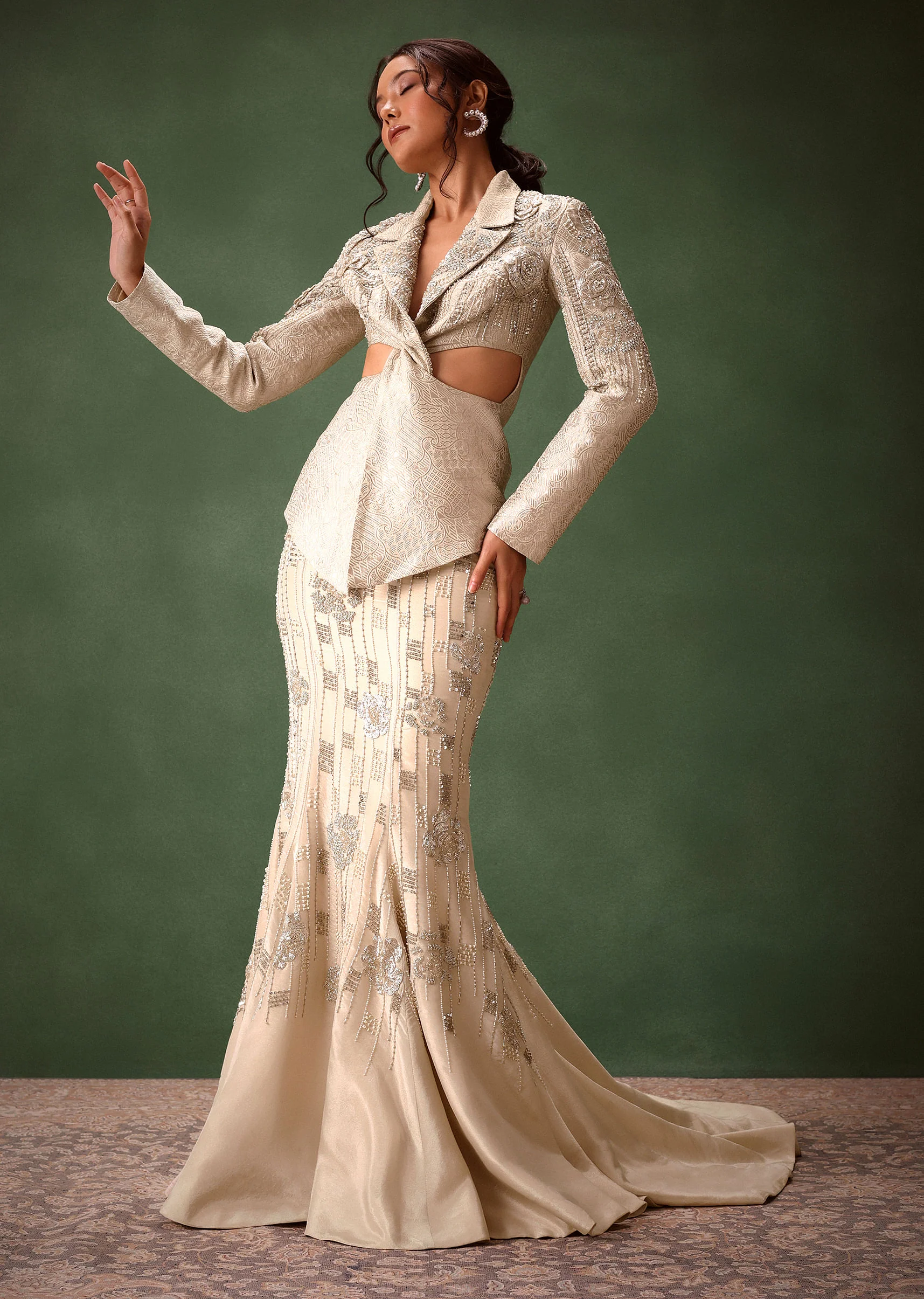 Silver Banarasi Brocade Jacket Lehenga Set - Image 3