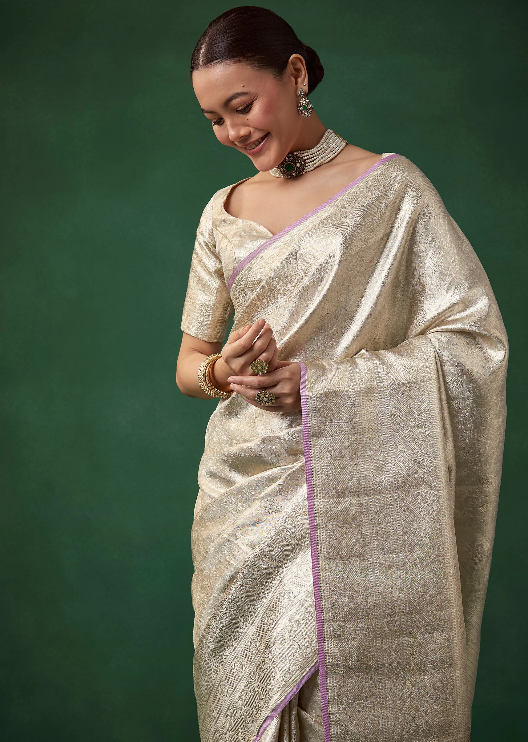 Silver Banarasi Jacquard Weave Saree with Unstitched Blouse - Image 5