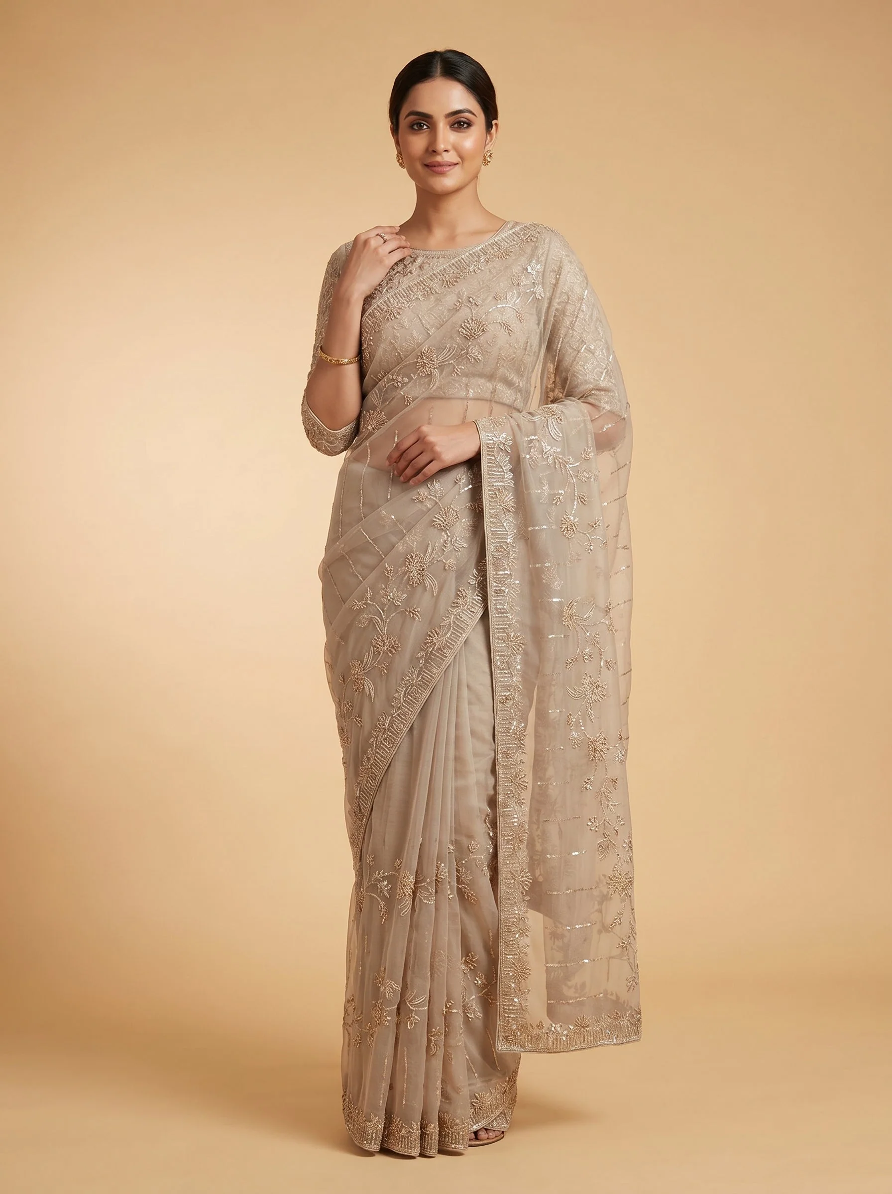 Silver Bright Finish Embroidered Saree