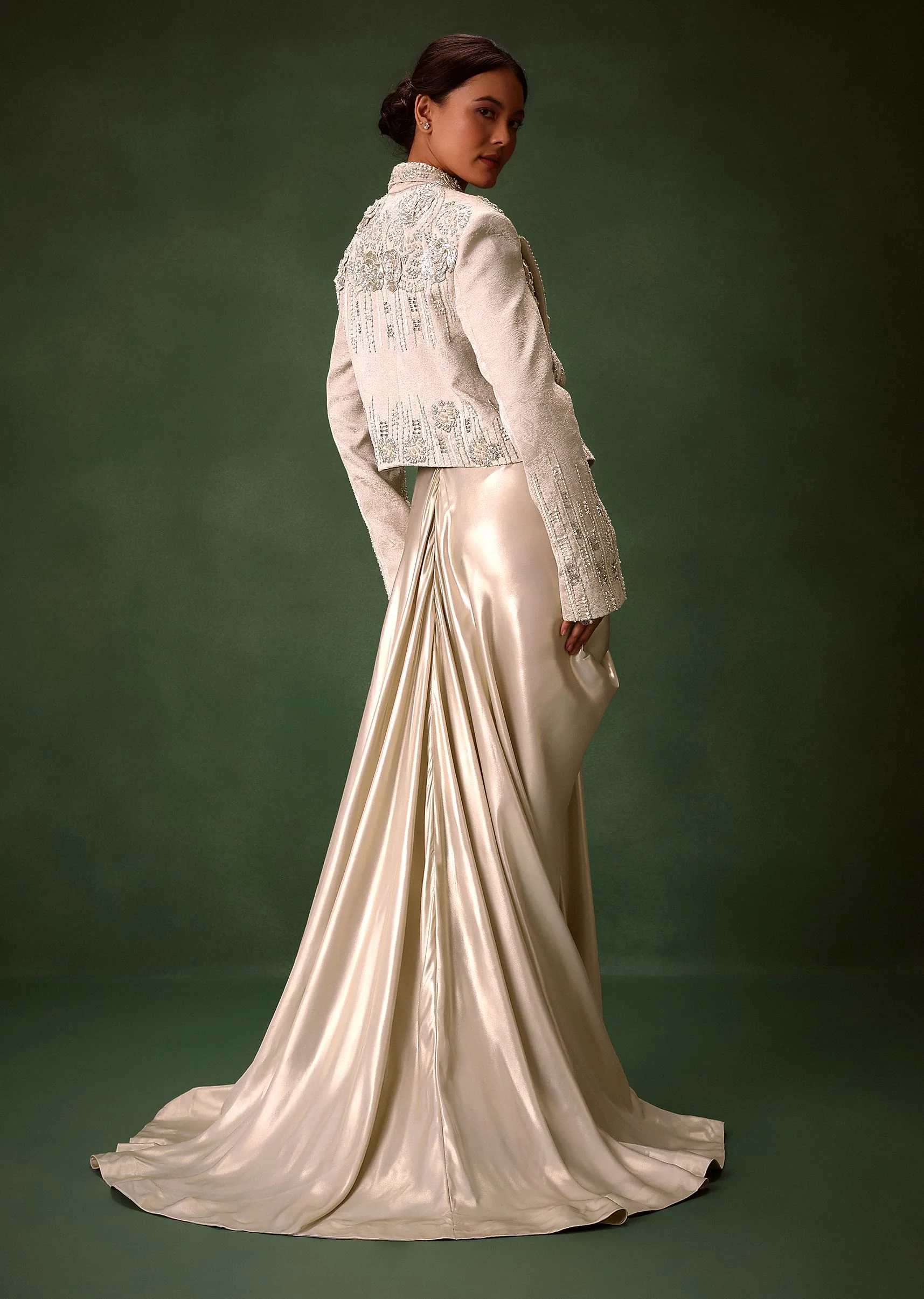 Silver Brocade Floral Embroidered Jacket With Drape Skirt Suit - Image 2