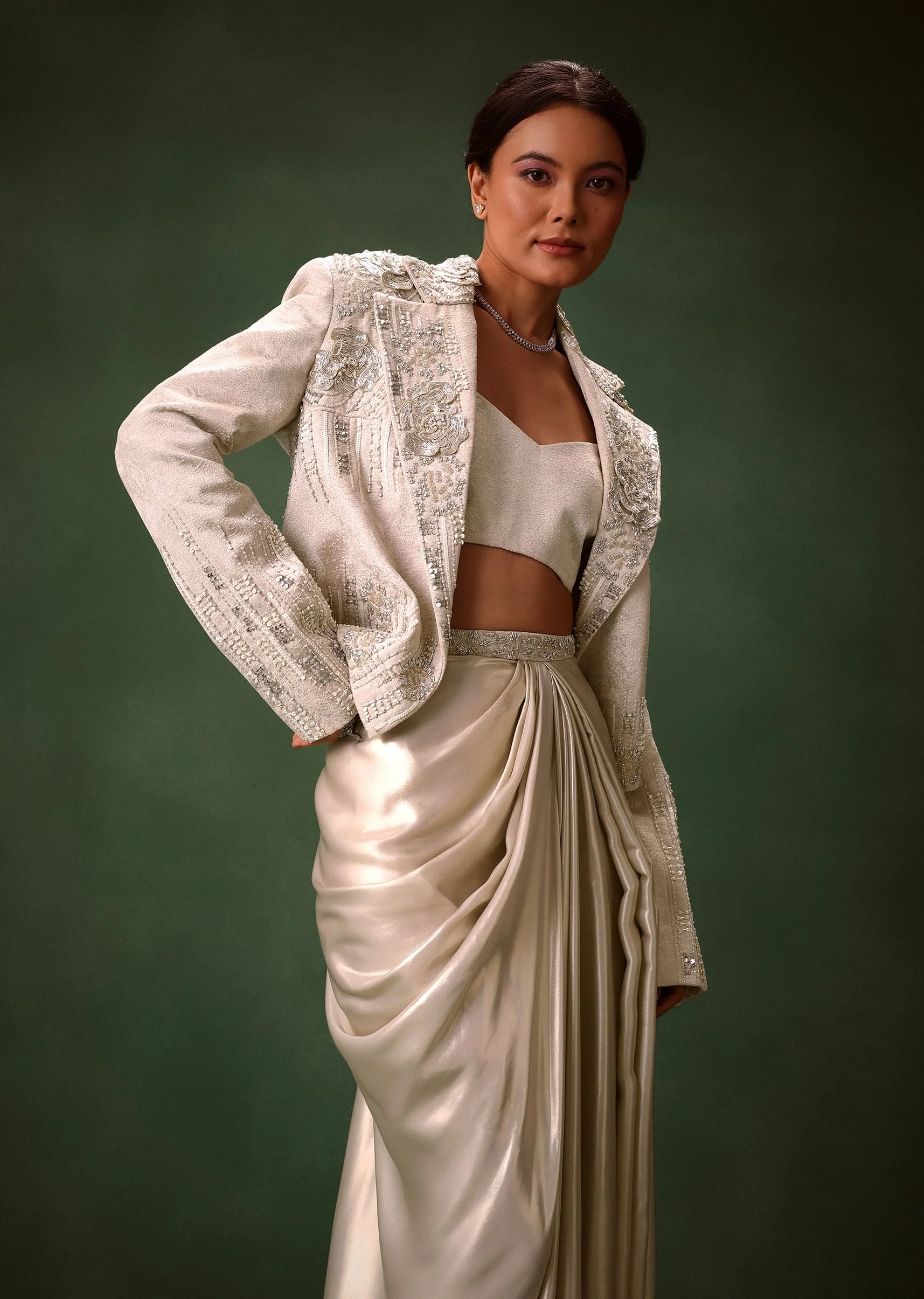 Silver Brocade Floral Embroidered Jacket With Drape Skirt Suit - Image 6