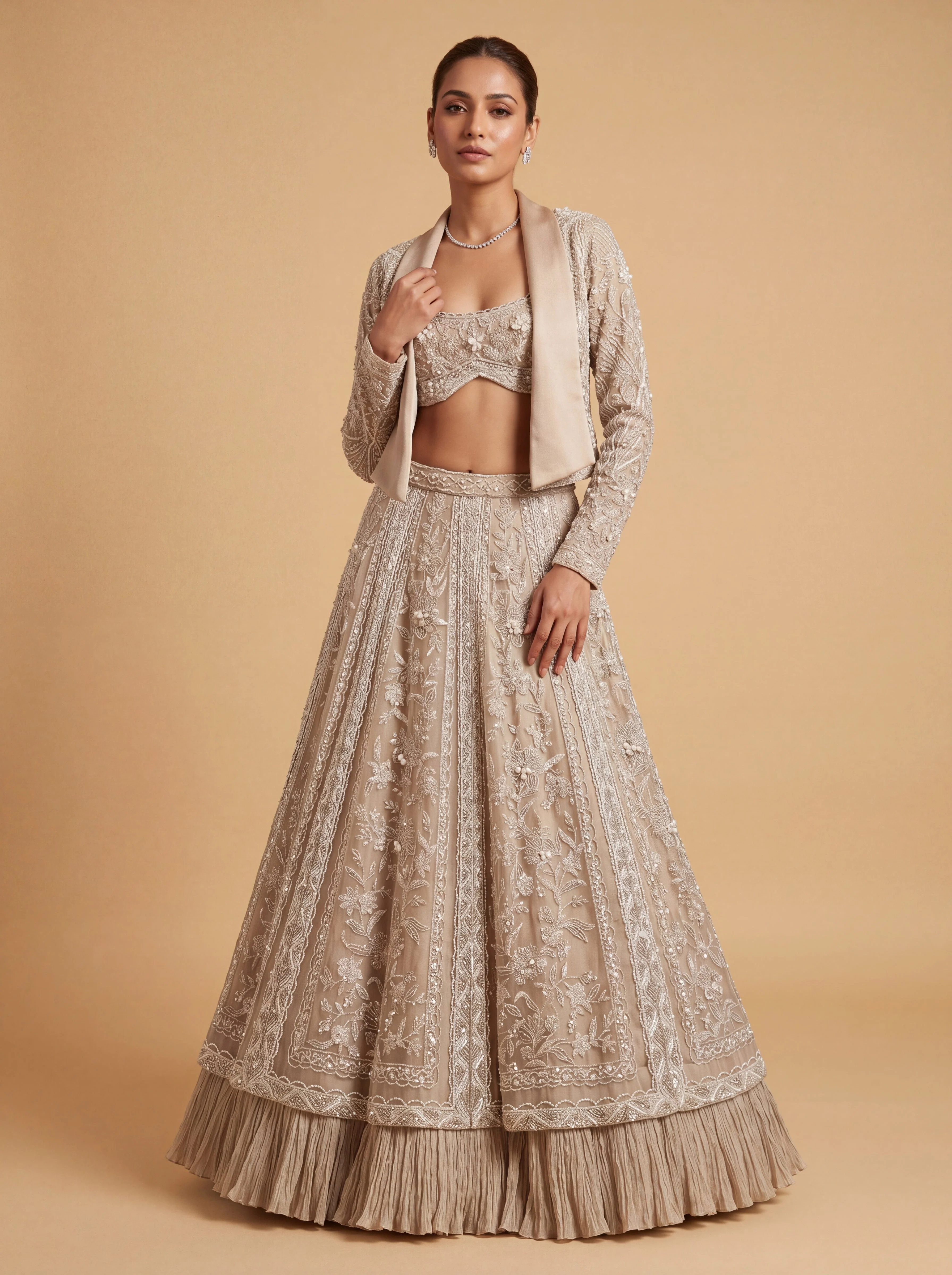 Silver Contemporary Bridal Lehenga With Sheer Embroidered Skirt