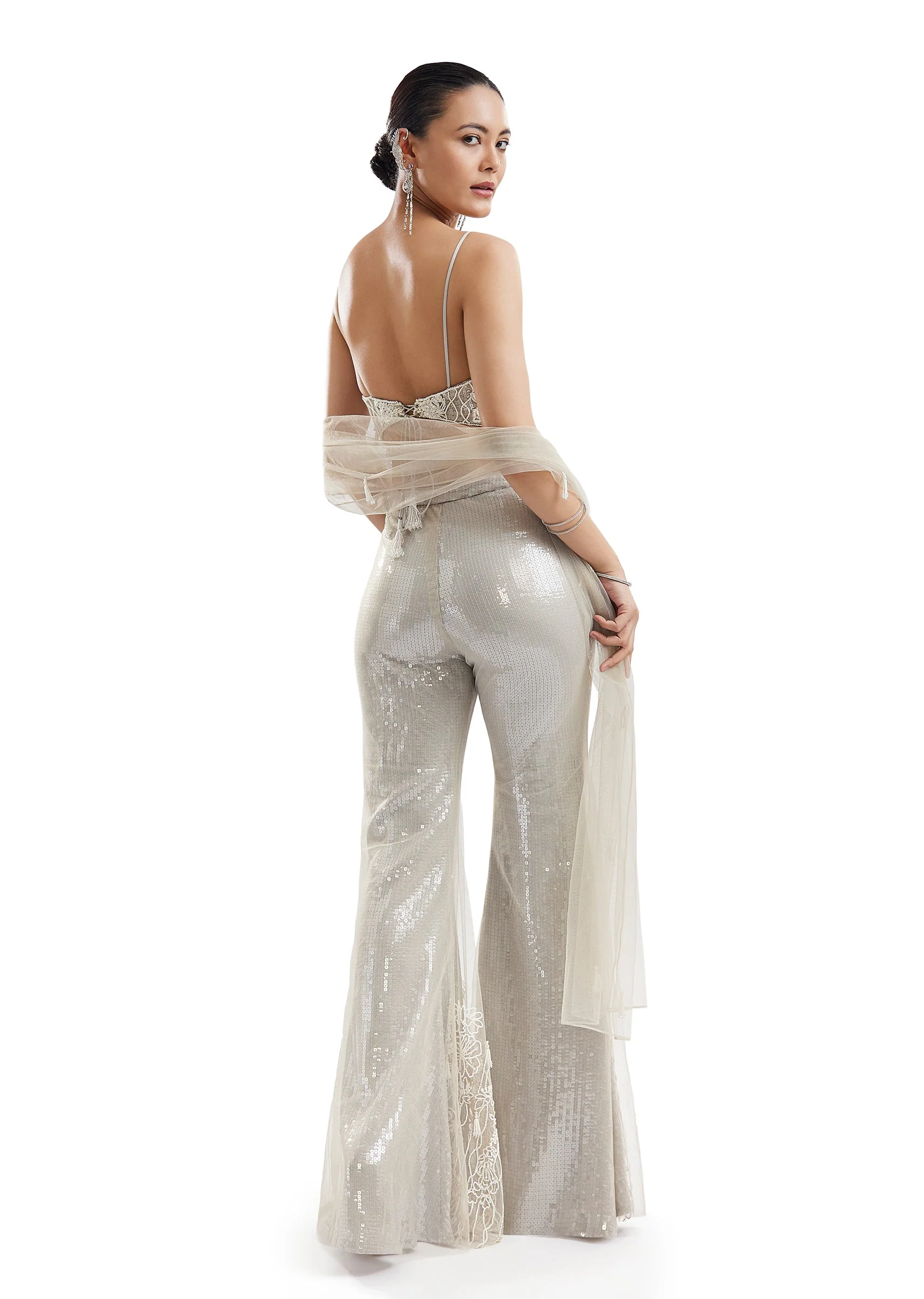 Silver Embellished Bell Bottom Set With Dupatta - Image 2